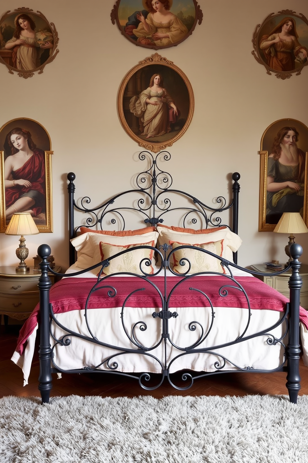 An elegant wrought iron bed frame takes center stage in the room, adorned with luxurious bedding in soft hues of cream and gold. The walls are painted in a warm terracotta shade, complementing the intricate details of the bed and enhancing the overall Italian aesthetic. Rich wooden furniture, including a vintage dresser and bedside tables, adds warmth and character to the space. Soft, ambient lighting from ornate sconces creates a cozy atmosphere, perfect for relaxation in this Italian-inspired bedroom.