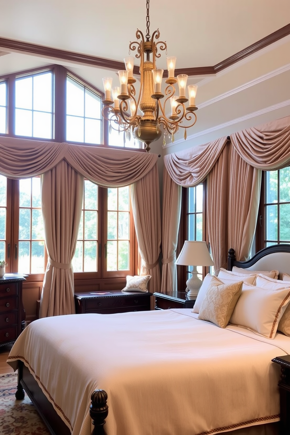 Handcrafted ceramics adorn the shelves and tabletops, adding a unique touch to the Italian bedroom. The room features a plush upholstered bed with intricate detailing, complemented by soft linens in rich, warm tones.