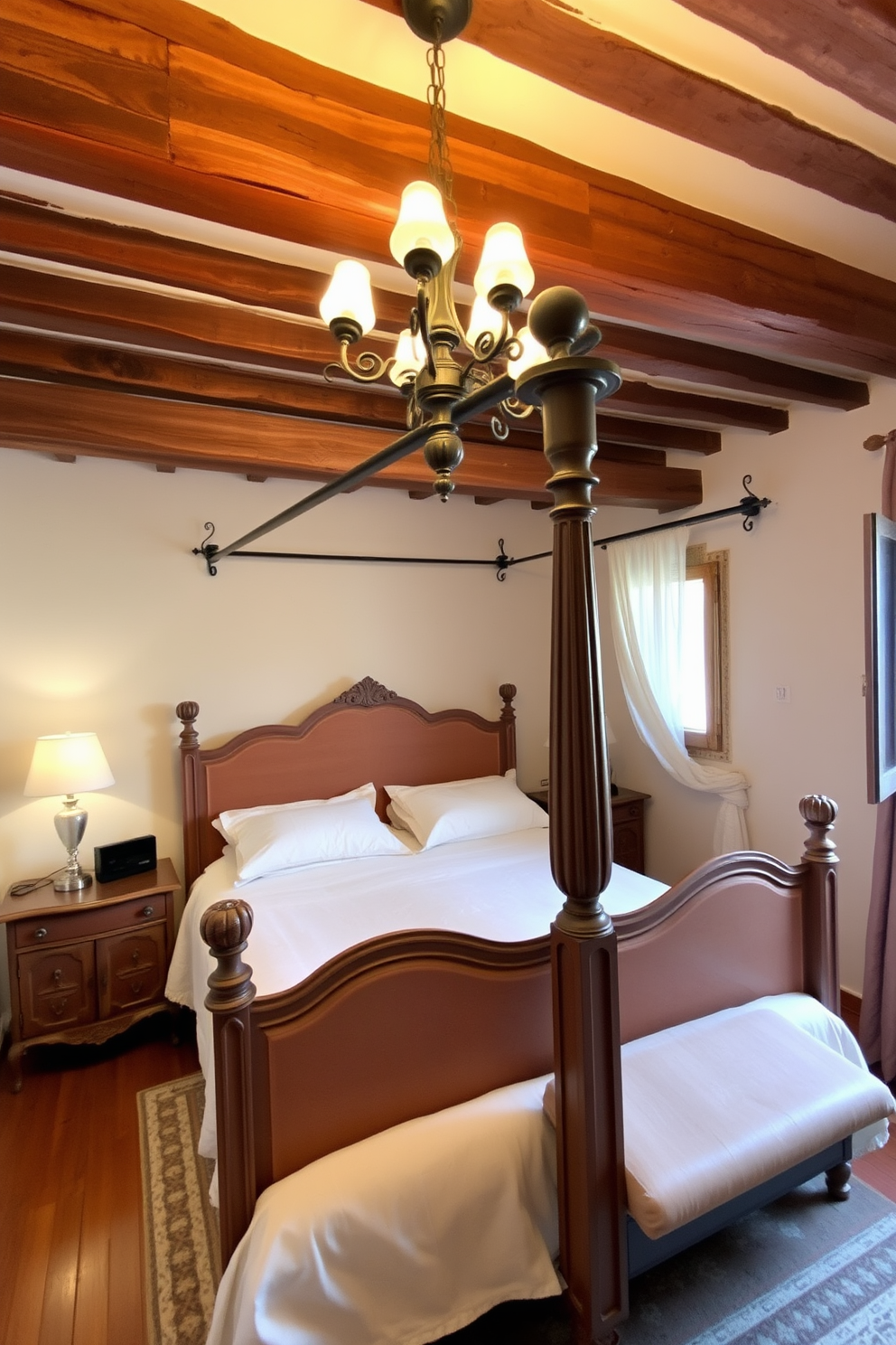 A cozy Italian bedroom featuring rustic wooden beams that add warmth and character to the space. The room is adorned with a plush king-size bed dressed in soft linens, complemented by antique bedside tables and a vintage chandelier hanging from the ceiling.