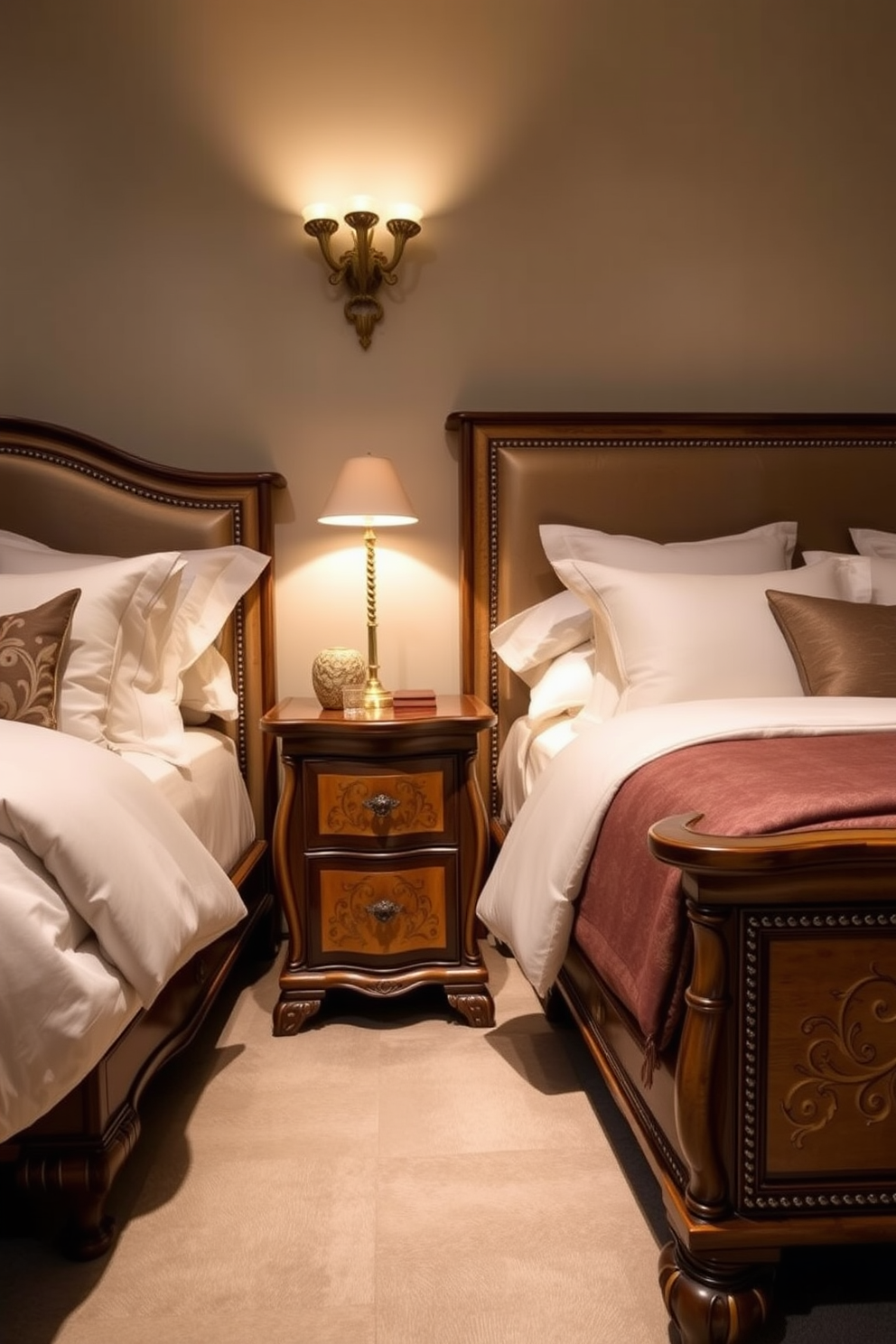 A cozy Italian bedroom featuring rustic wooden beams that enhance the warmth of the space. The walls are adorned with soft earth tones, and the furniture includes a vintage wooden bed frame complemented by elegant linens.