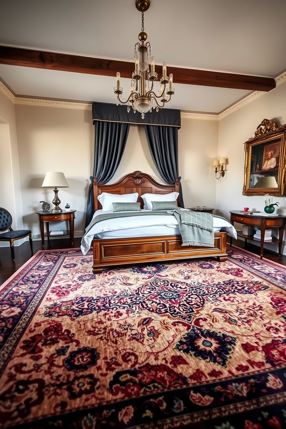 A stylish Italian bedroom featuring a large statement rug that anchors the space, with intricate patterns in rich colors. The bed is adorned with luxurious linens, and a classic wooden headboard adds elegance to the room.