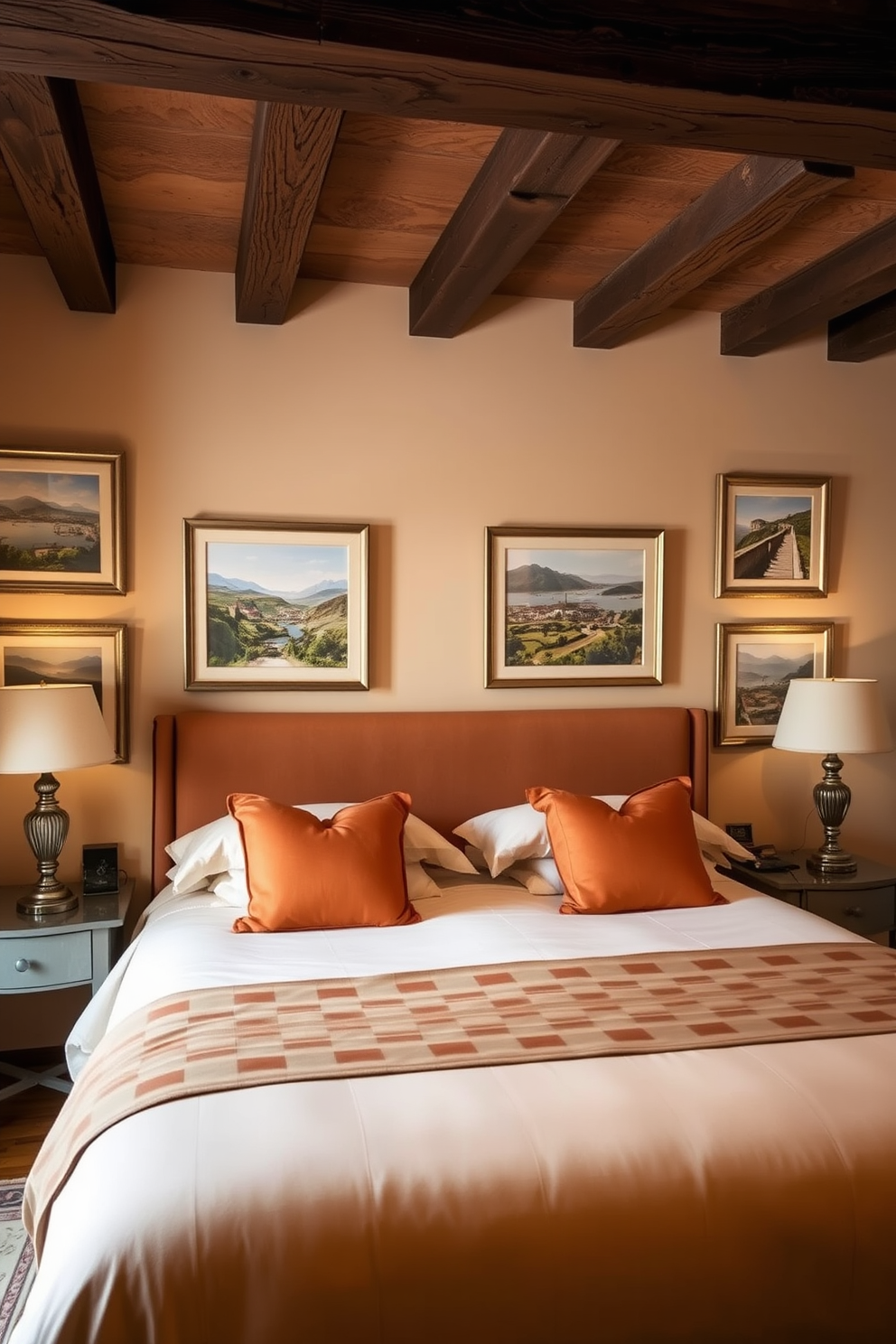 A cozy Italian bedroom featuring framed art showcasing picturesque Italian landscapes. The room is adorned with a plush king-sized bed dressed in luxurious linens and accented with decorative pillows. Warm, earthy tones dominate the color palette, complemented by rustic wooden beams on the ceiling. Elegant bedside tables hold vintage lamps, casting a soft glow over the space.