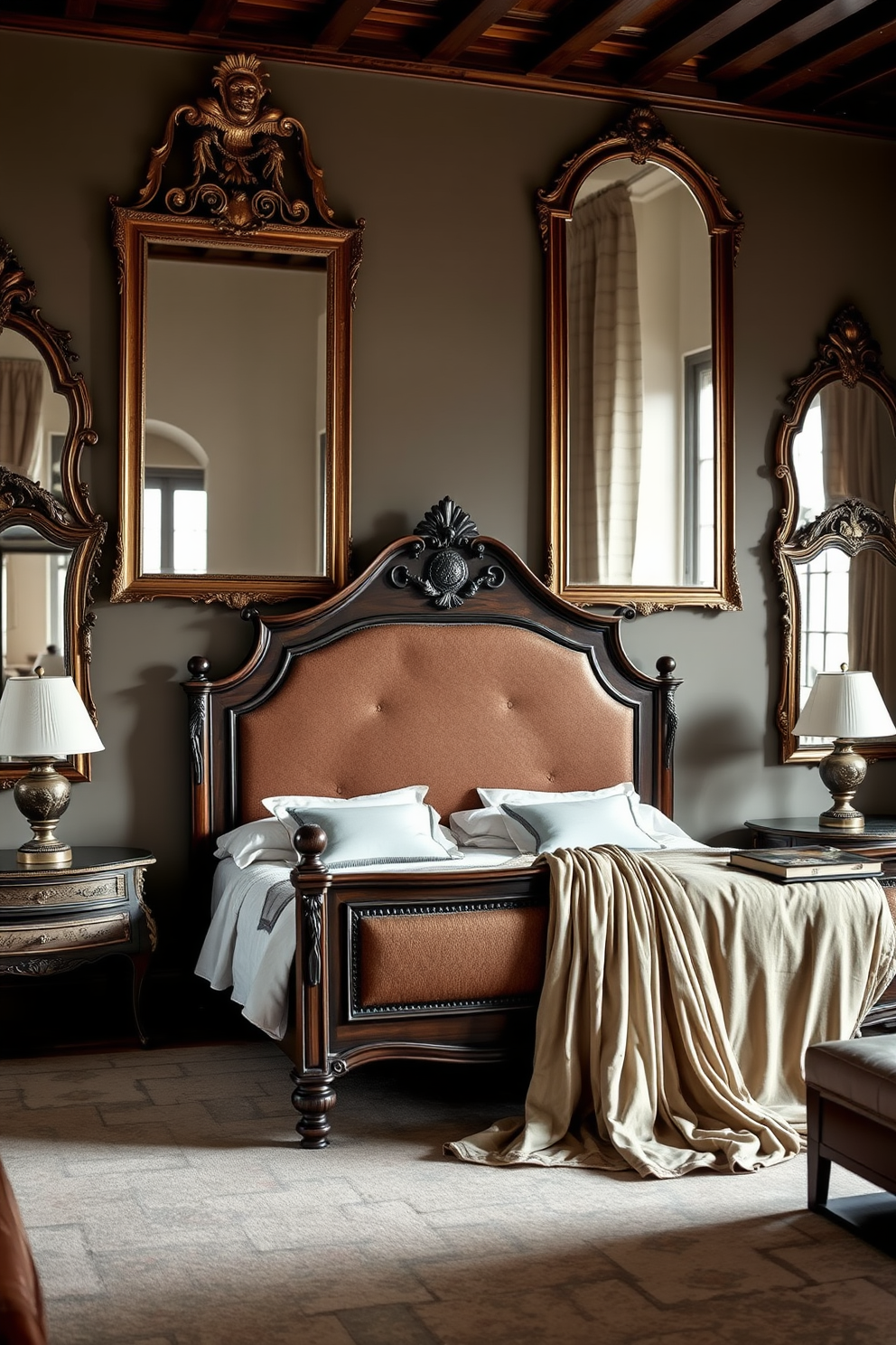 A serene Italian bedroom featuring antique mirrors that reflect natural light. The room is adorned with a classic wooden bed frame, draped in luxurious fabrics, and complemented by elegant bedside tables.