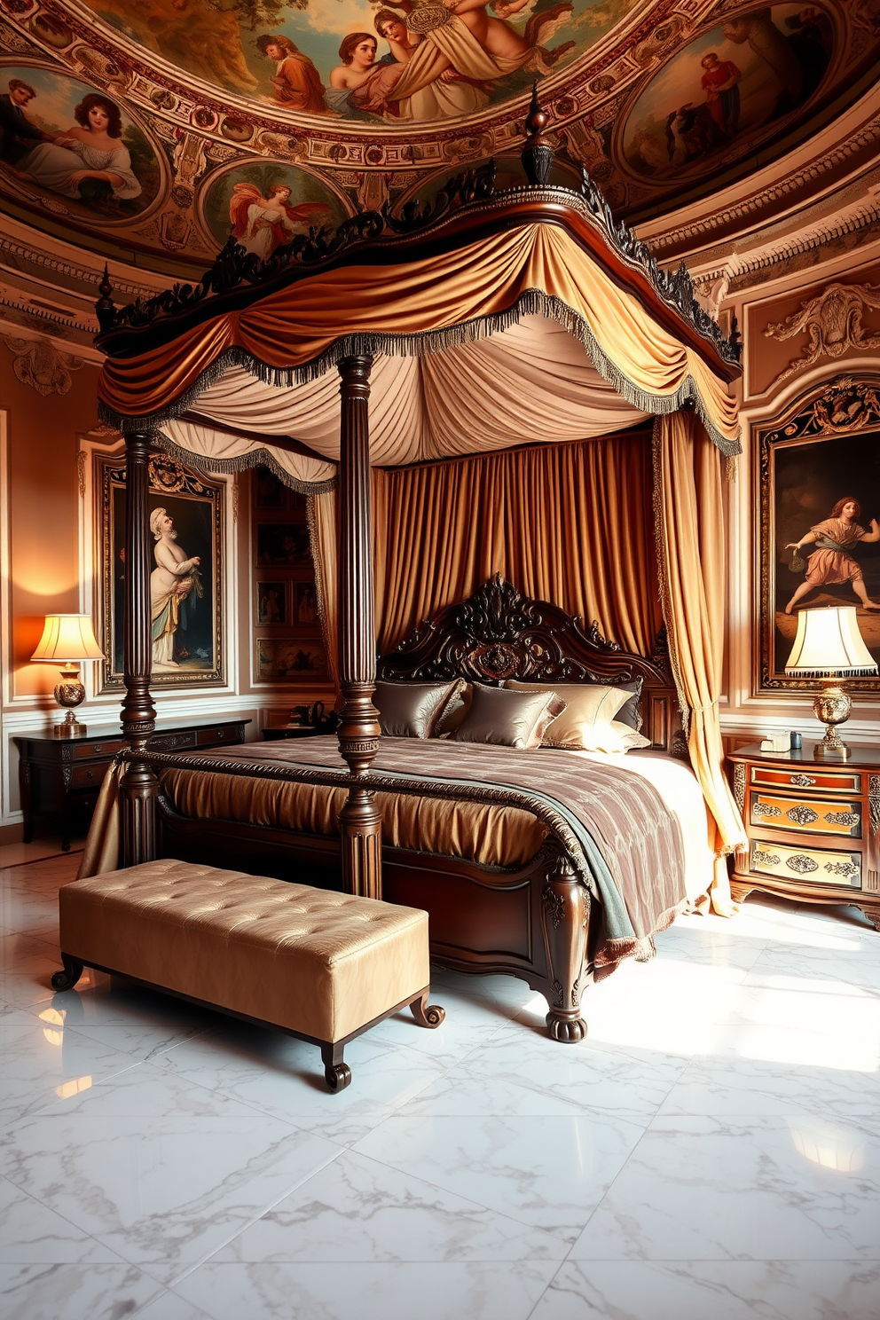 A luxurious Italian bedroom featuring an ornate canopy bed draped with rich, flowing fabrics. The walls are adorned with classic frescoes and the floor is covered with polished marble tiles, creating an elegant and inviting atmosphere. Soft, ambient lighting highlights the intricate details of the bed's wooden frame, while plush bedding in deep hues adds warmth and comfort. Elegant nightstands with vintage lamps flank the bed, enhancing the overall opulence of the space.