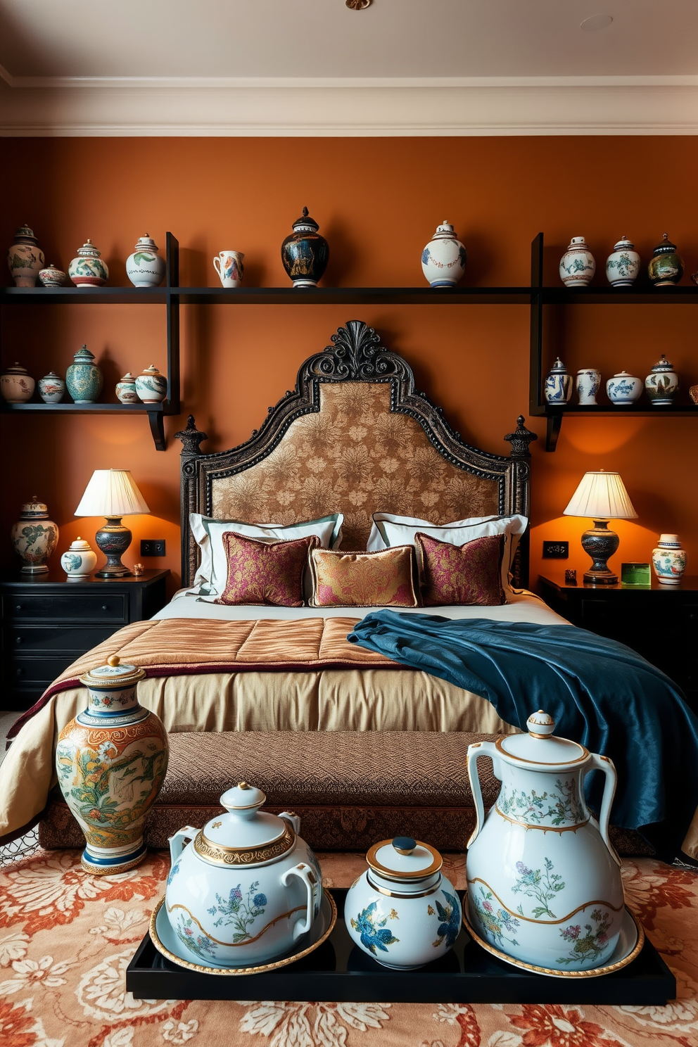 Hand-painted ceramics adorn the shelves and tabletops, adding a touch of artistry and color to the space. The bedroom features a plush king-sized bed with an ornate headboard, draped in luxurious fabrics that complement the ceramics beautifully. The walls are painted in warm earthy tones, creating a cozy and inviting atmosphere. Soft ambient lighting highlights the intricate details of the hand-painted ceramics, enhancing their visual appeal throughout the room.