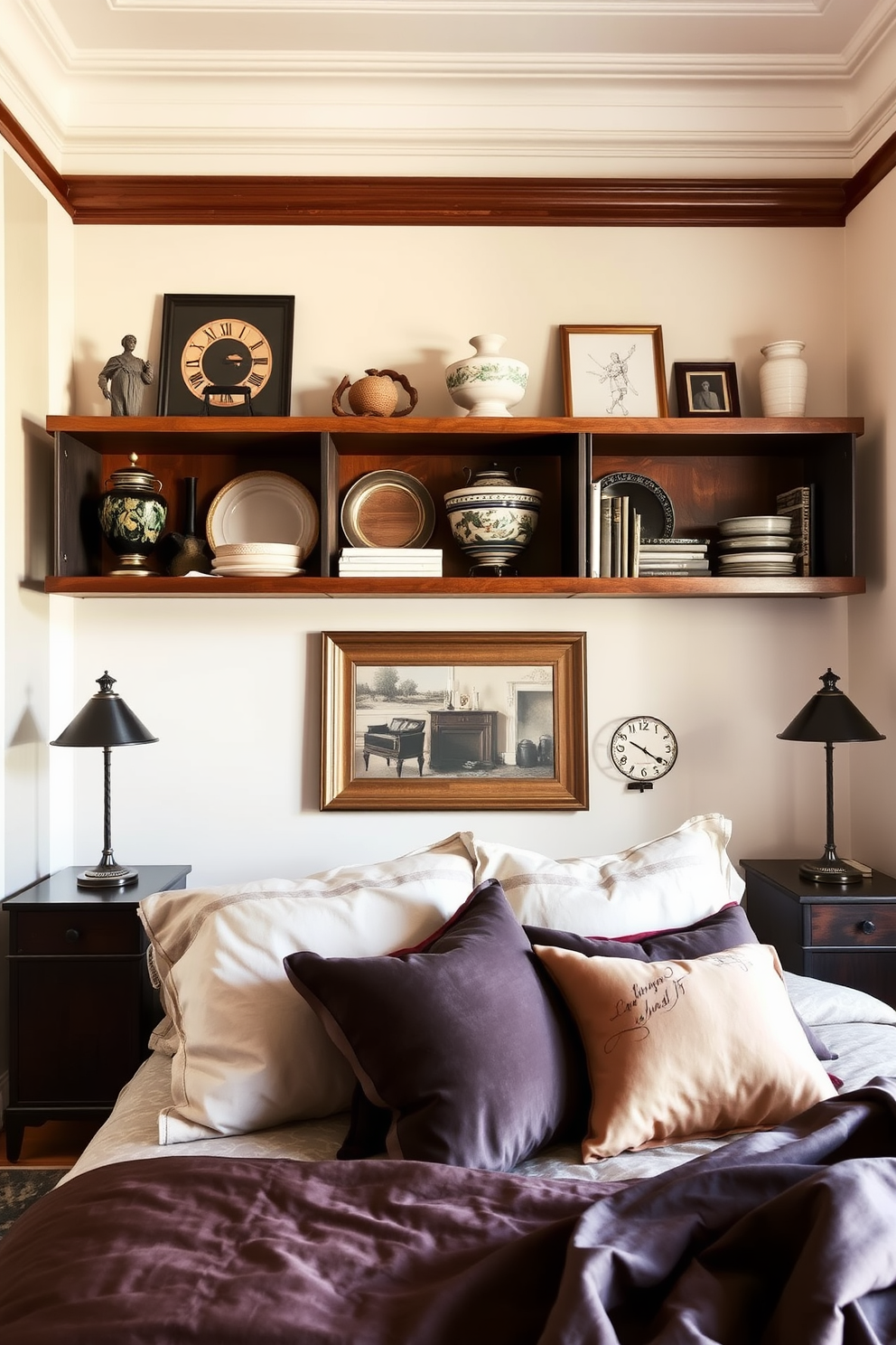 Open shelving elegantly displays a curated collection of treasures in an Italian bedroom, featuring rich wooden shelves that complement the warm color palette. The walls are adorned with soft, neutral tones, and the bedding showcases luxurious fabrics in deep, inviting hues.