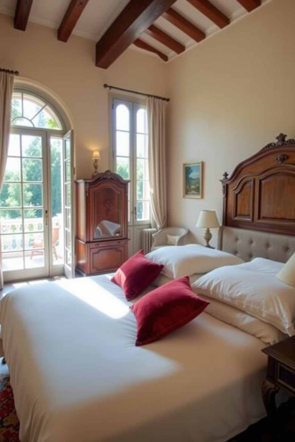 A serene Italian bedroom filled with natural light streaming through large glass doors. The room features a plush king-sized bed dressed in luxurious linens, accented by velvet throw pillows in rich colors. Antique wooden furniture adds character, including a beautifully crafted armoire and a bedside table with an elegant lamp. The walls are adorned with soft pastel tones, creating a warm and inviting atmosphere.