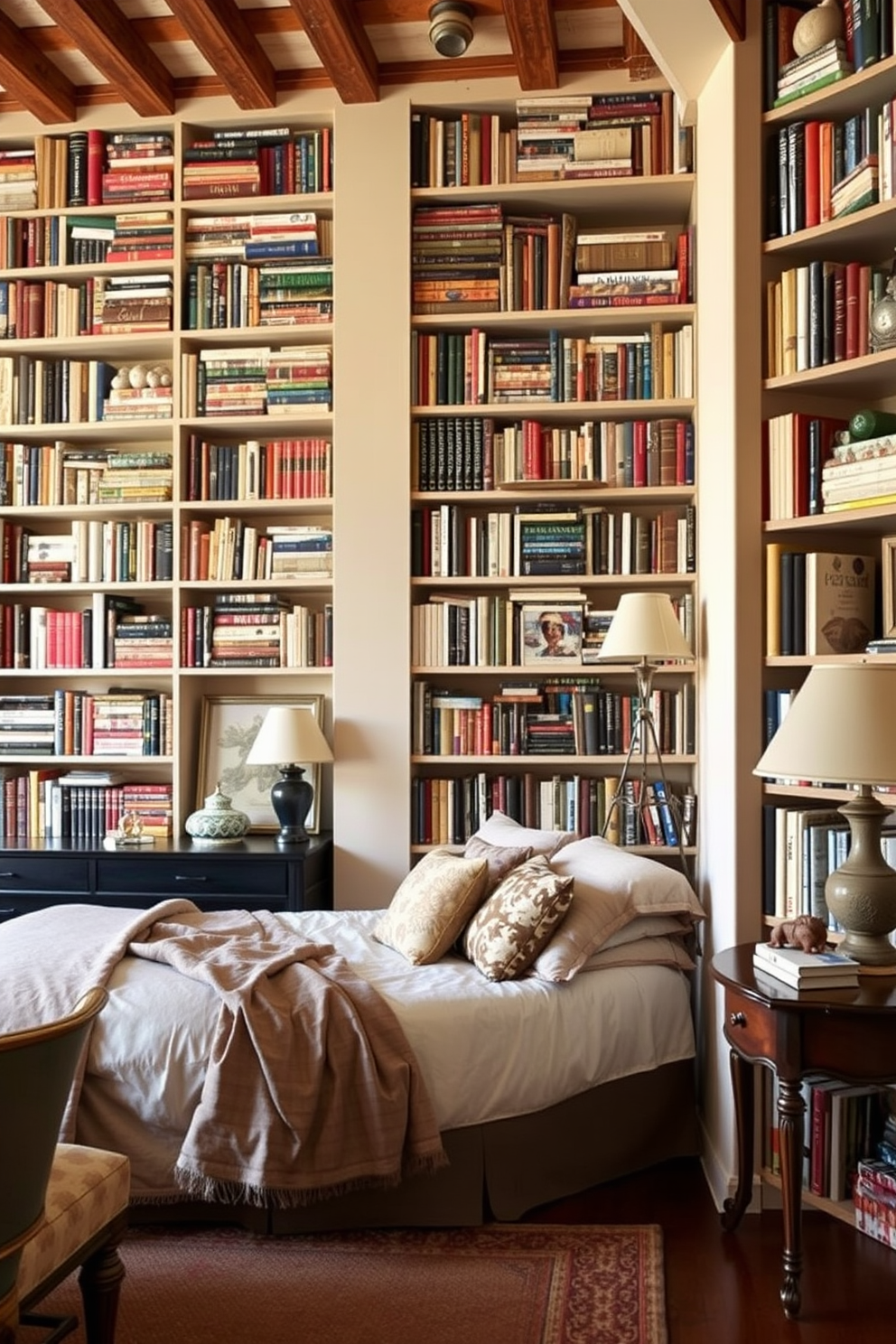 A cozy Italian bedroom featuring floor-to-ceiling bookshelves filled with an eclectic mix of books and decorative items. The room is adorned with warm, earthy tones and elegant furnishings that create an inviting atmosphere.