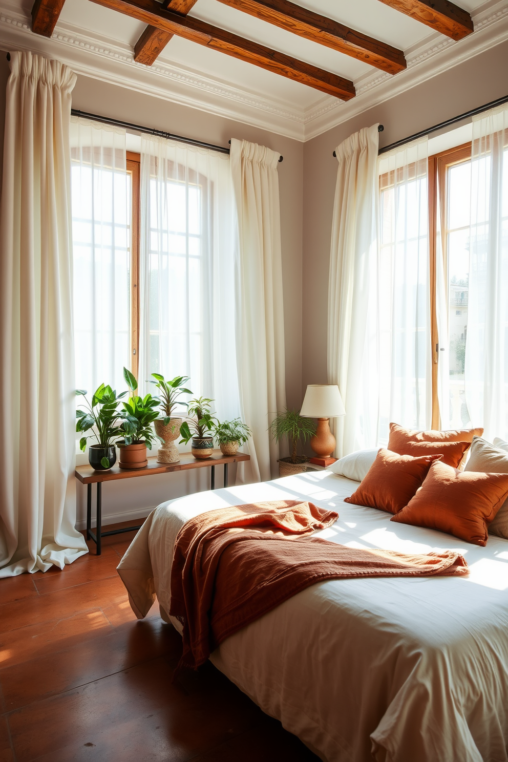 Classic Italian tiles for flooring create an elegant foundation in an Italian bedroom. The tiles feature intricate patterns in warm earth tones, adding a touch of sophistication to the space. The bedroom is adorned with a grand upholstered bed, draped in luxurious fabrics. Soft lighting from ornate bedside lamps enhances the inviting atmosphere, creating a serene retreat.