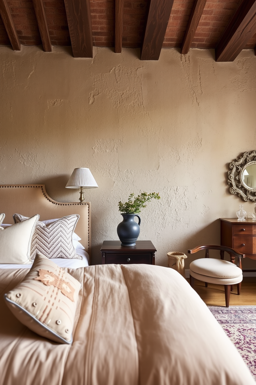 Textured wall finishes create an inviting atmosphere in an Italian bedroom. Soft earth tones and rich materials add warmth and character to the space. Consider incorporating exposed brick or stucco for a rustic touch. Complement these finishes with elegant furnishings and luxurious textiles for a harmonious design.