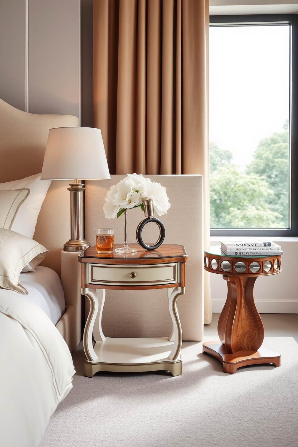 Stylish bedside tables with unique designs complement the overall elegance of the Italian bedroom. Each table features intricate woodwork and a blend of modern and classic elements, enhancing the luxurious atmosphere of the space.