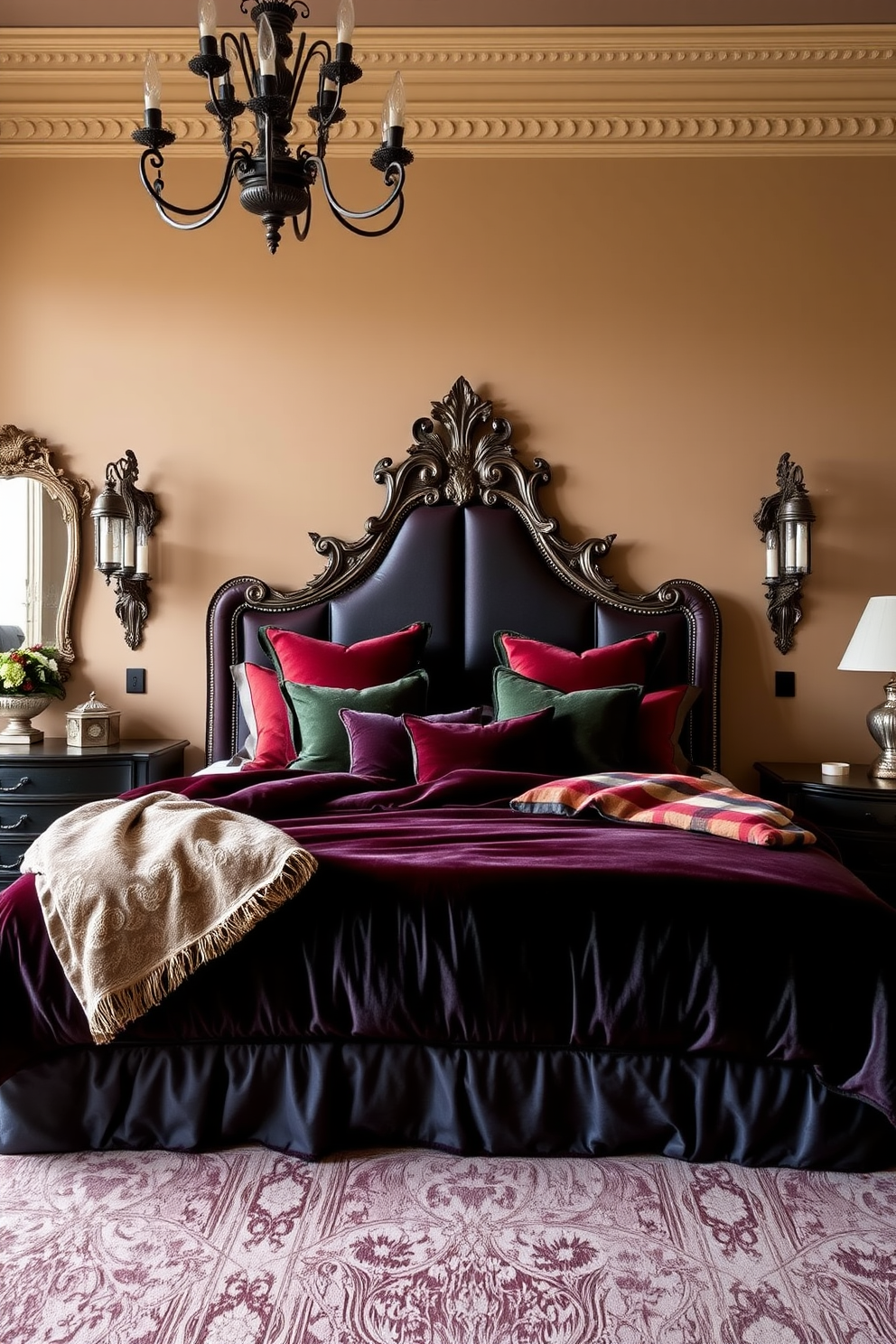 A luxurious Italian bedroom features rich velvet bedding in deep jewel tones that invite relaxation and comfort. The bed is adorned with an array of plush pillows and a soft throw, creating an inviting focal point in the room. The walls are painted in a warm neutral hue, complementing the opulent fabrics and finishes throughout the space. Elegant light fixtures and ornate details add a touch of sophistication, enhancing the overall ambiance of the Italian design.