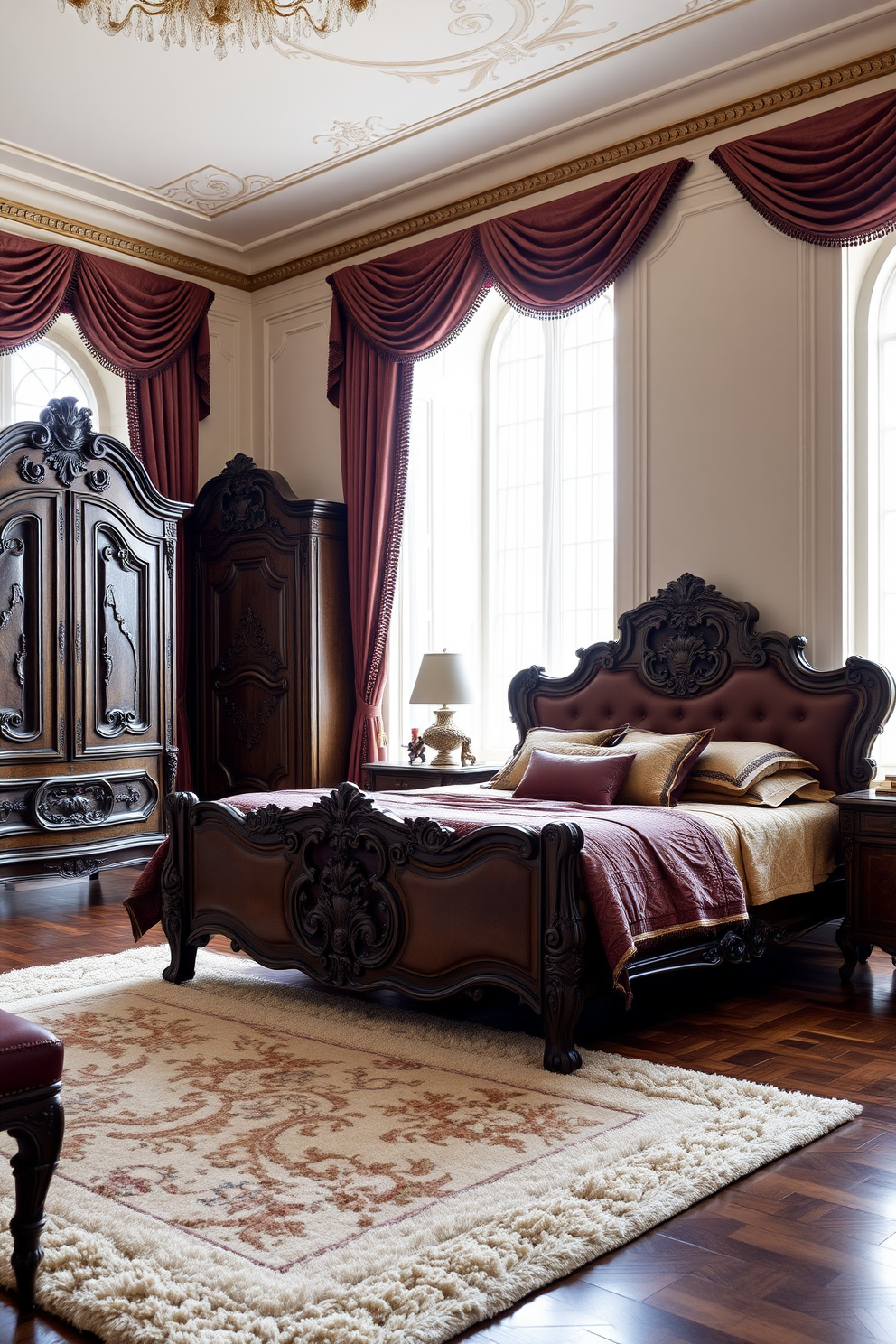 A luxurious Italian bedroom featuring intricate wood carvings on the bed frame and nightstands. The room is adorned with rich fabrics in deep hues and elegant drapery framing large windows that let in soft natural light. A beautifully crafted armoire with detailed carvings stands against one wall, adding to the opulence of the space. The floor is covered with a plush area rug that complements the color palette and enhances the cozy atmosphere.