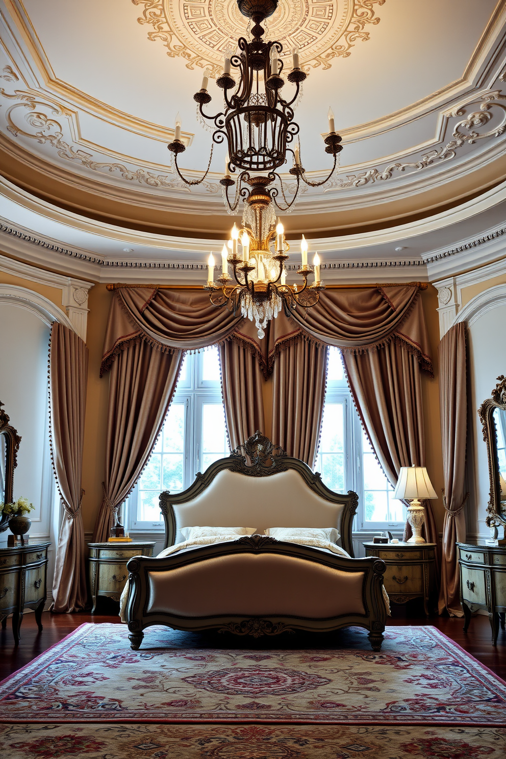 A classic Italian bedroom setting featuring an elegant chandelier that casts a warm glow. The room is adorned with rich fabrics and intricate moldings, creating a luxurious atmosphere. The walls are painted in soft pastel tones, complemented by opulent drapes that frame the large windows. A plush bed with an ornate headboard takes center stage, surrounded by antique bedside tables and decorative accents.