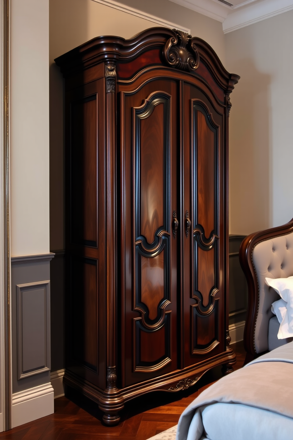 A vintage armoire stands elegantly against the wall, crafted from rich mahogany with intricate carvings. The interior is lined with soft fabric, providing stylish storage for linens and clothing. The Italian bedroom design features a plush upholstered bed with a tufted headboard, draped in luxurious linens. Soft ambient lighting casts a warm glow, enhancing the room's sophisticated and inviting atmosphere.