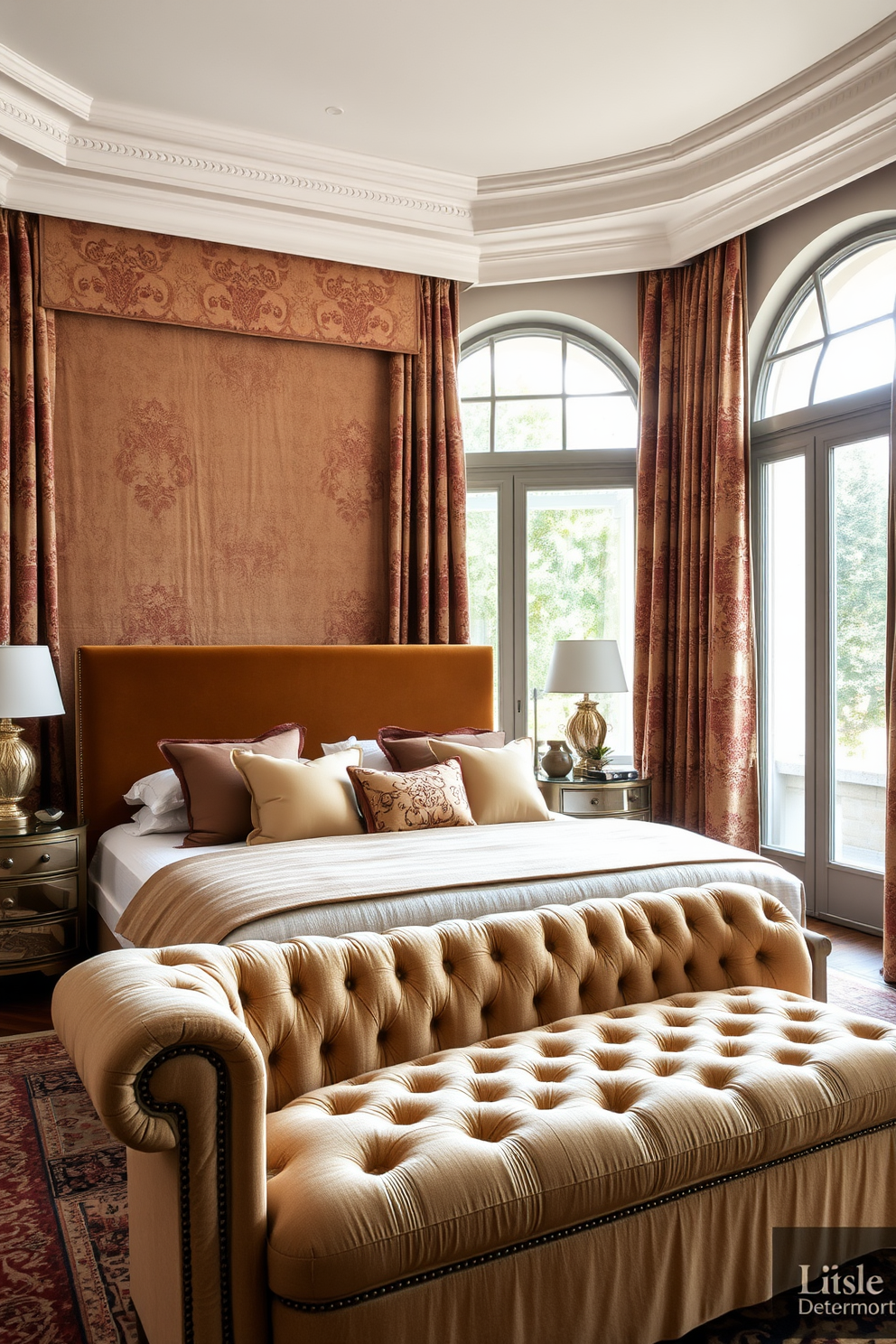 A luxurious Italian bedroom featuring textured fabrics that create a layered aesthetic. The bed is adorned with a plush velvet headboard and a mix of silk and linen pillows in warm earth tones. Richly patterned drapes frame large windows, allowing soft natural light to filter through. A cozy seating area with a tufted chaise lounge and an ornate rug adds elegance and comfort to the space.