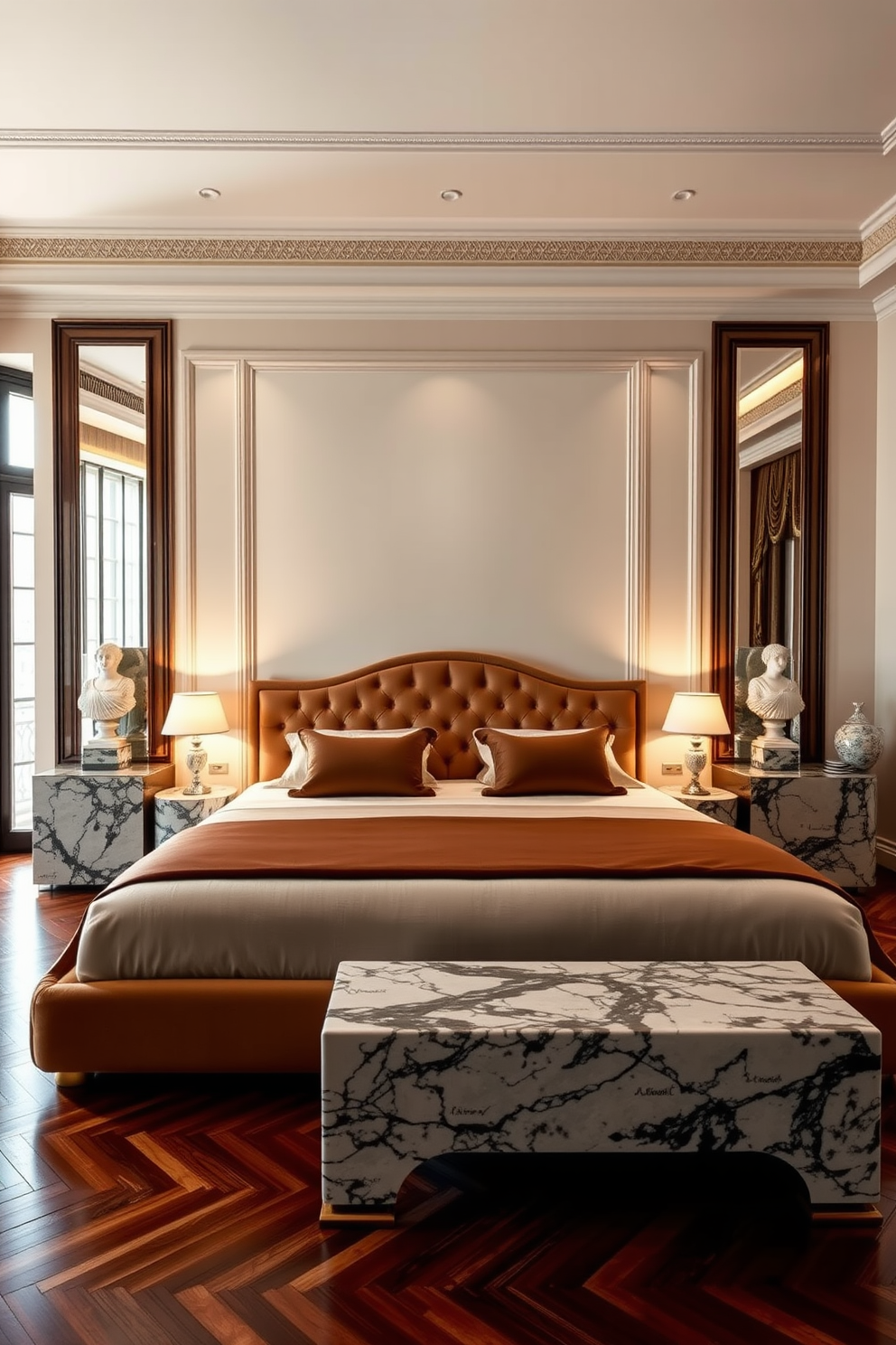 A luxurious Italian bedroom design featuring textured wall coverings that add depth and warmth to the space. The room is adorned with rich fabrics, including a plush velvet bedspread and silk curtains that cascade elegantly to the floor.