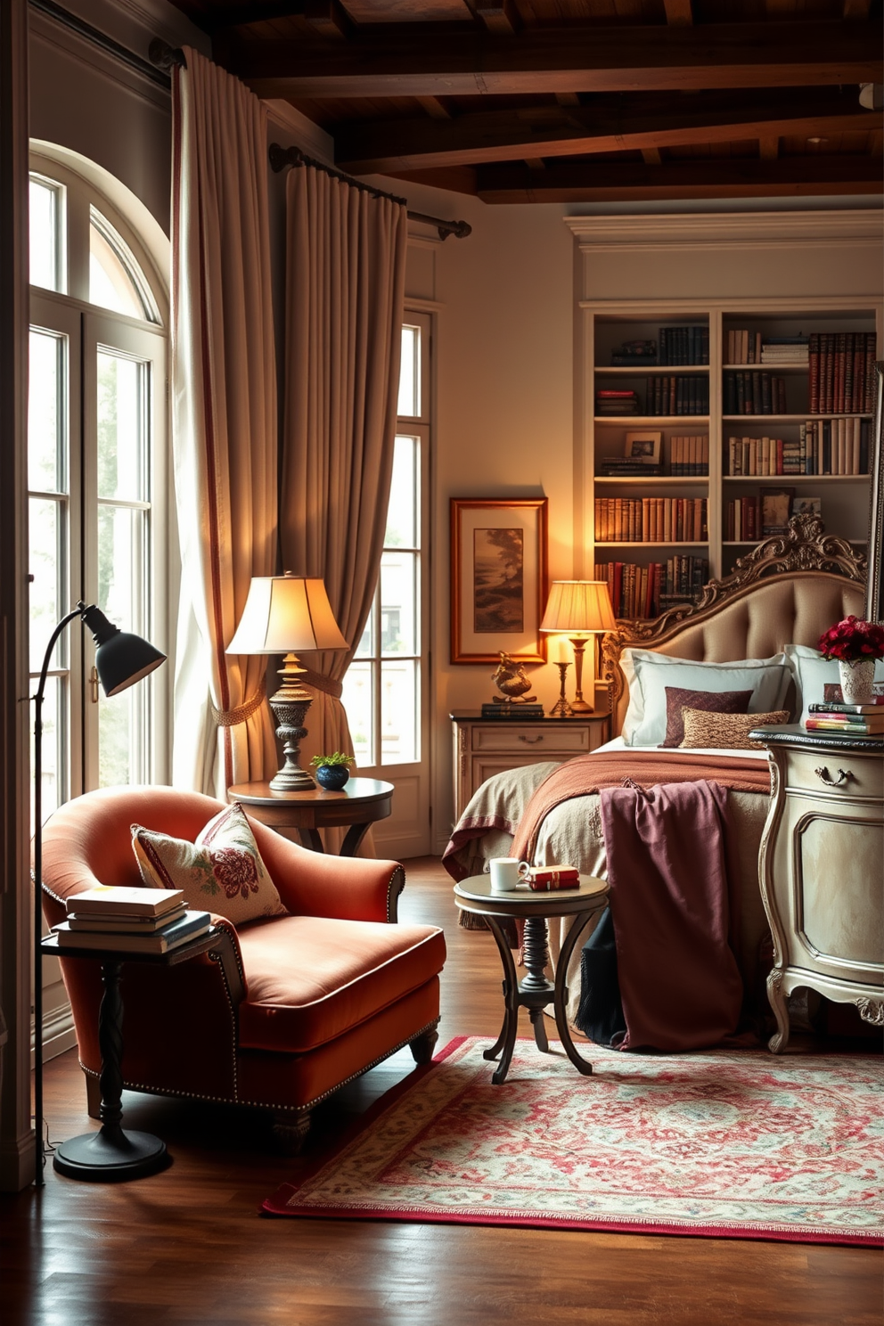 Cozy reading nook with Italian flair. A plush armchair upholstered in rich velvet sits beside a small wooden side table, adorned with a stack of classic novels and a steaming cup of coffee. The nook is framed by tall bookshelves filled with books and decorative items, while a large window allows natural light to flood the space. Soft, warm lighting from a vintage floor lamp creates an inviting atmosphere perfect for relaxation. Italian bedroom design ideas emphasize elegance and comfort. A king-sized bed with an ornate headboard is dressed in luxurious linens, complemented by decorative throw pillows in rich hues. Soft drapes frame the windows, and a stylish area rug adds warmth to the hardwood floor. An antique dresser and bedside tables complete the look, showcasing a blend of classic and contemporary Italian design elements.