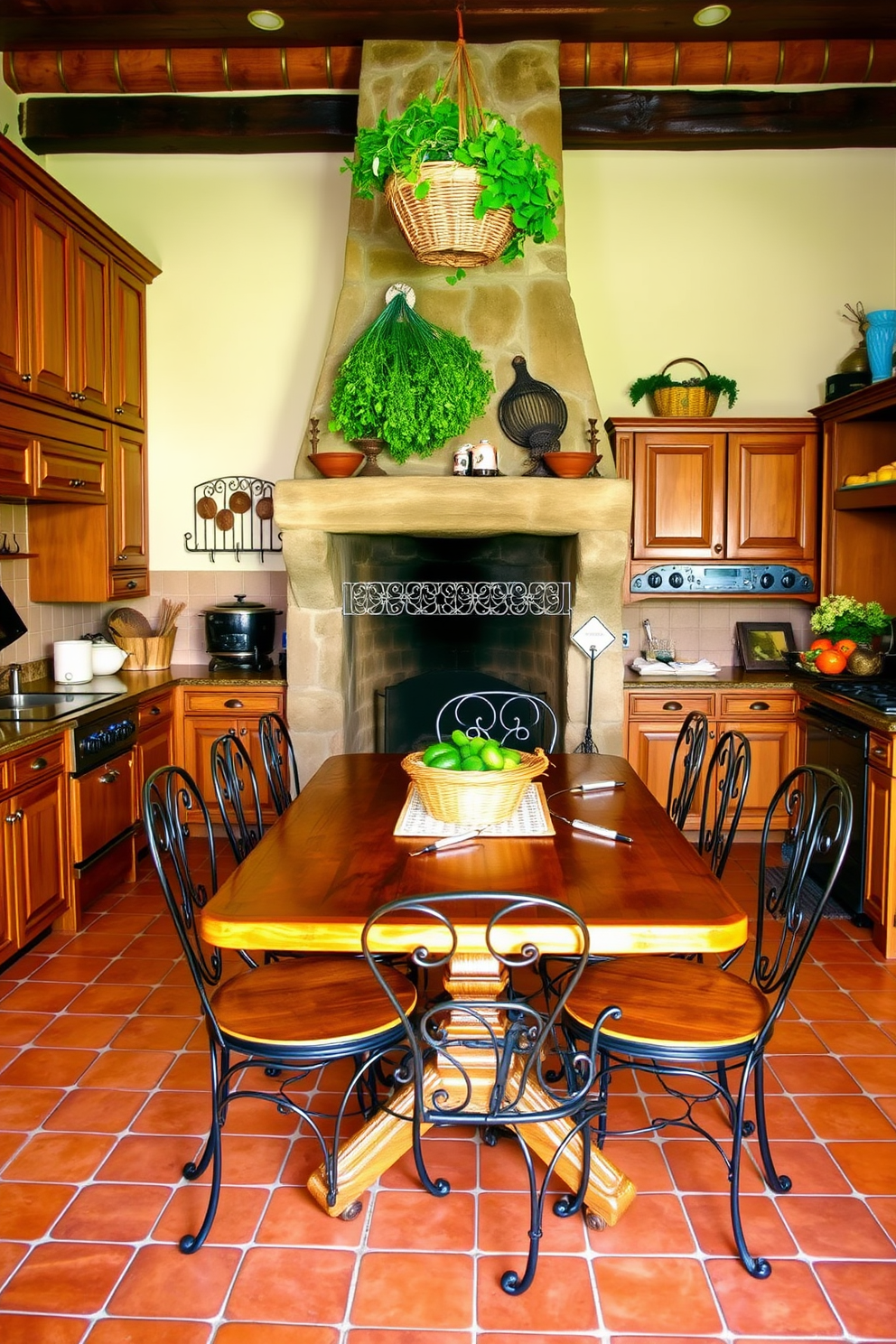 A charming Tuscan kitchen filled with warm earthy tones. The space features a large wooden dining table surrounded by wrought iron chairs, complemented by terracotta tiles on the floor. Rustic wooden cabinets line the walls, adorned with decorative ceramic tiles. A large stone fireplace serves as the focal point, with herbs hanging above and a basket of fresh produce nearby.