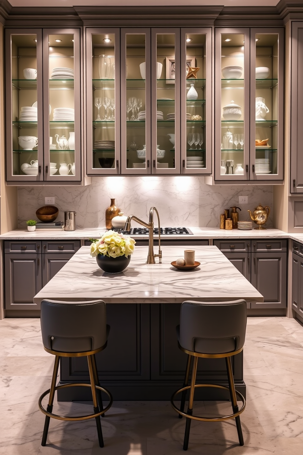 A stunning Italian kitchen featuring elegant glass-front cabinets that showcase beautifully arranged dishware and decorative items. The cabinets are complemented by a spacious marble island at the center, surrounded by stylish bar stools for casual dining.