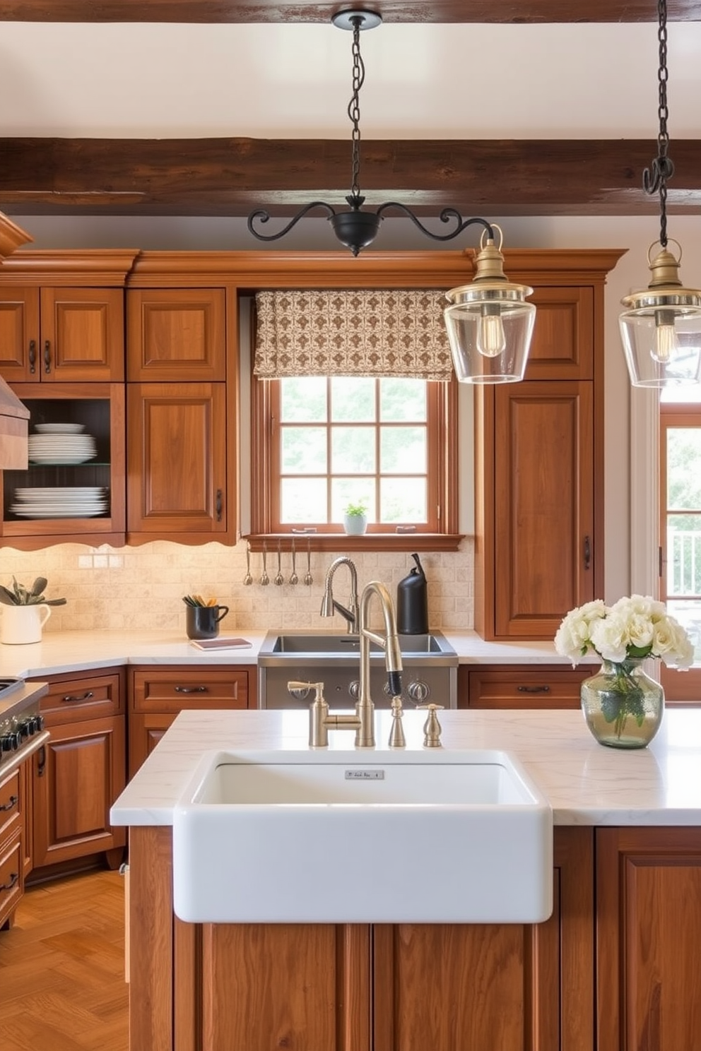 A warm and inviting Italian kitchen features vintage light fixtures that add a nostalgic charm to the space. The cabinetry is a rich wood finish, complemented by a rustic farmhouse sink and a large island with a polished marble countertop.