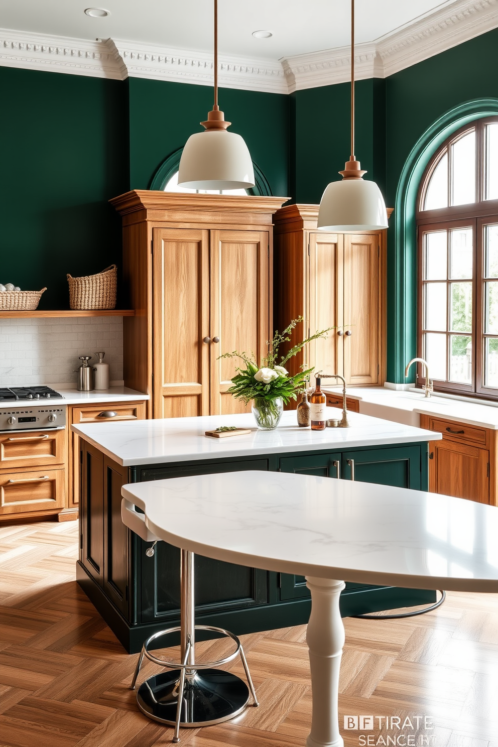 A spacious Italian kitchen featuring a bold accent wall painted in deep emerald green. The cabinetry is a mix of classic wood finishes and modern hardware, creating a harmonious blend of styles. The kitchen island is topped with a stunning white marble surface, complemented by elegant bar stools in a contrasting color. Large windows allow natural light to flood the space, highlighting the rich textures and colors throughout the room.