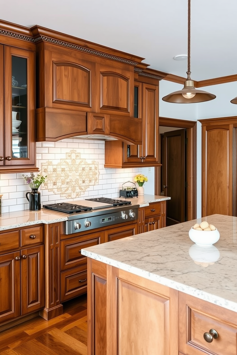 A charming Italian kitchen adorned with terracotta pots filled with fresh herbs sits on a rustic wooden shelf. The warm earthy tones of the terracotta complement the rich cabinetry and the classic tiled backsplash, creating an inviting culinary space.