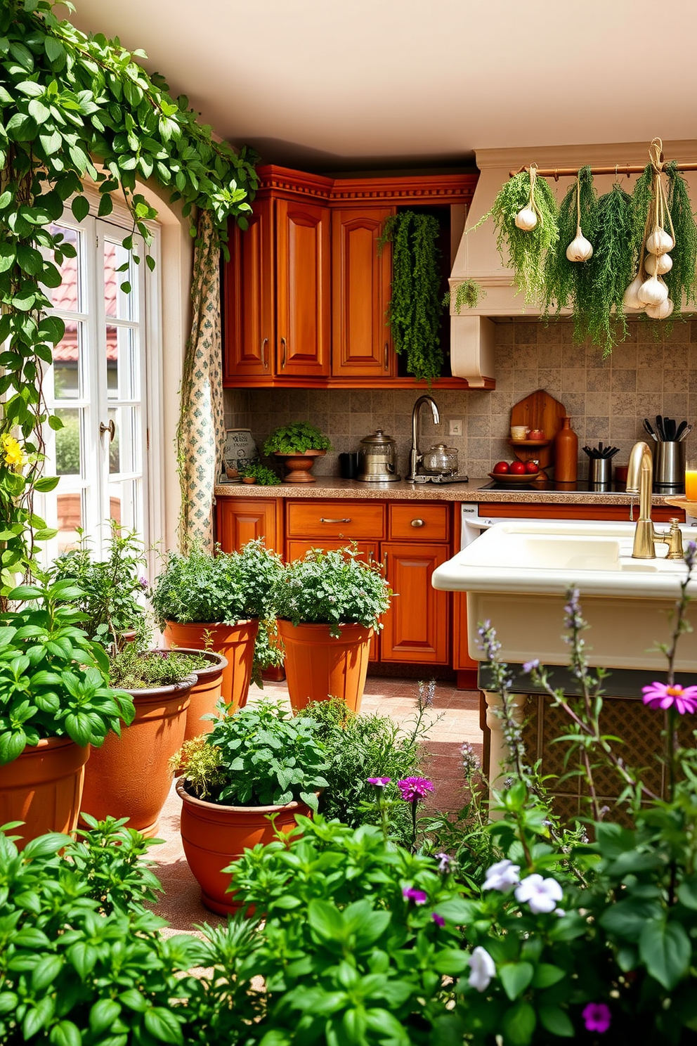 An Italian herb garden brimming with vibrant green basil, fragrant rosemary, and delicate thyme. The garden features rustic terracotta pots arranged on a sun-drenched patio, surrounded by climbing vines and colorful flowers. An inviting Italian kitchen with warm wooden cabinets and a large farmhouse sink. The space is adorned with a classic tile backsplash, a spacious island for food preparation, and hanging garlic and herbs for a touch of authenticity.