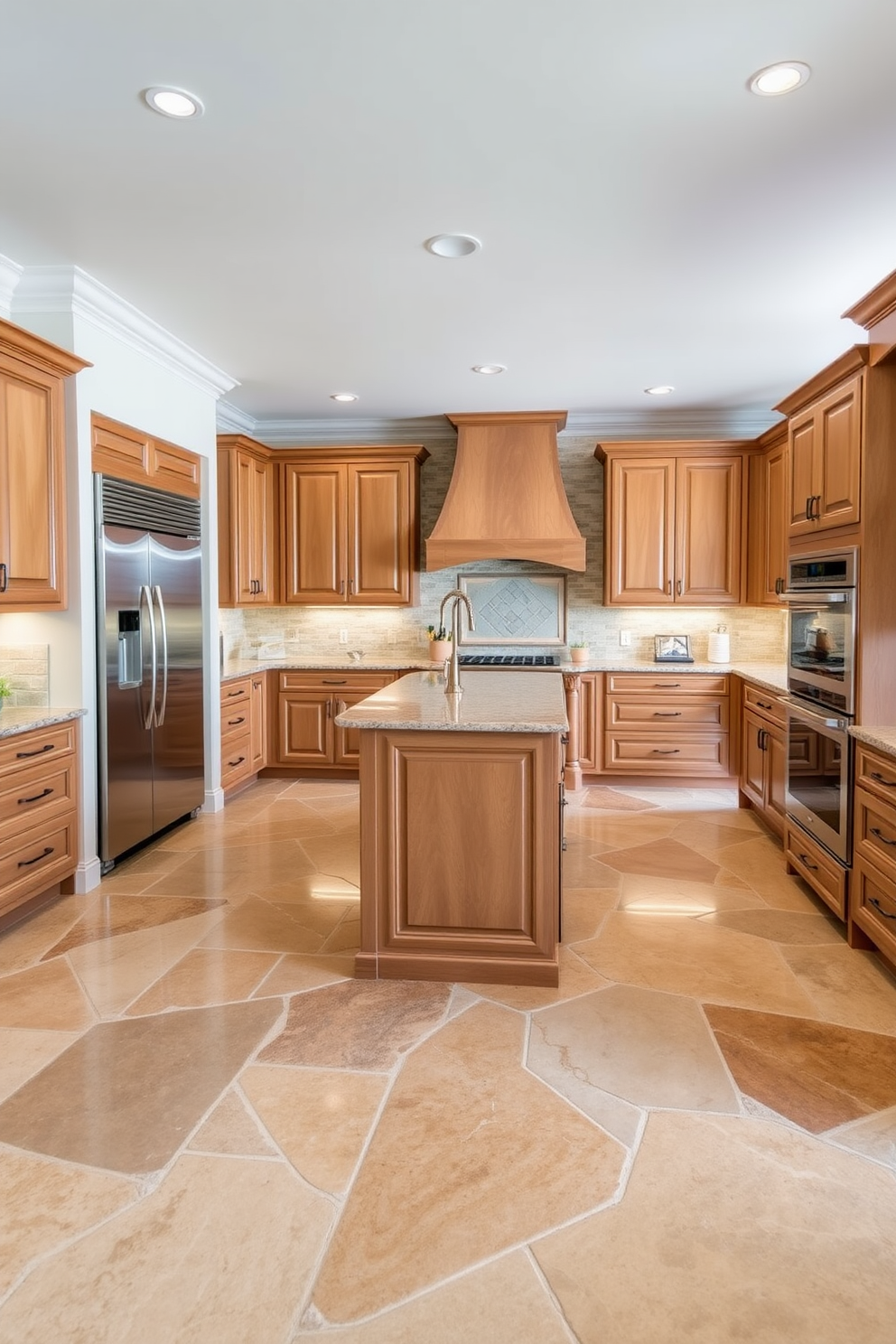 A spacious Italian kitchen featuring natural stone flooring that enhances durability and elegance. The design includes custom cabinetry in warm wood tones, a large central island with a marble countertop, and high-end stainless steel appliances.