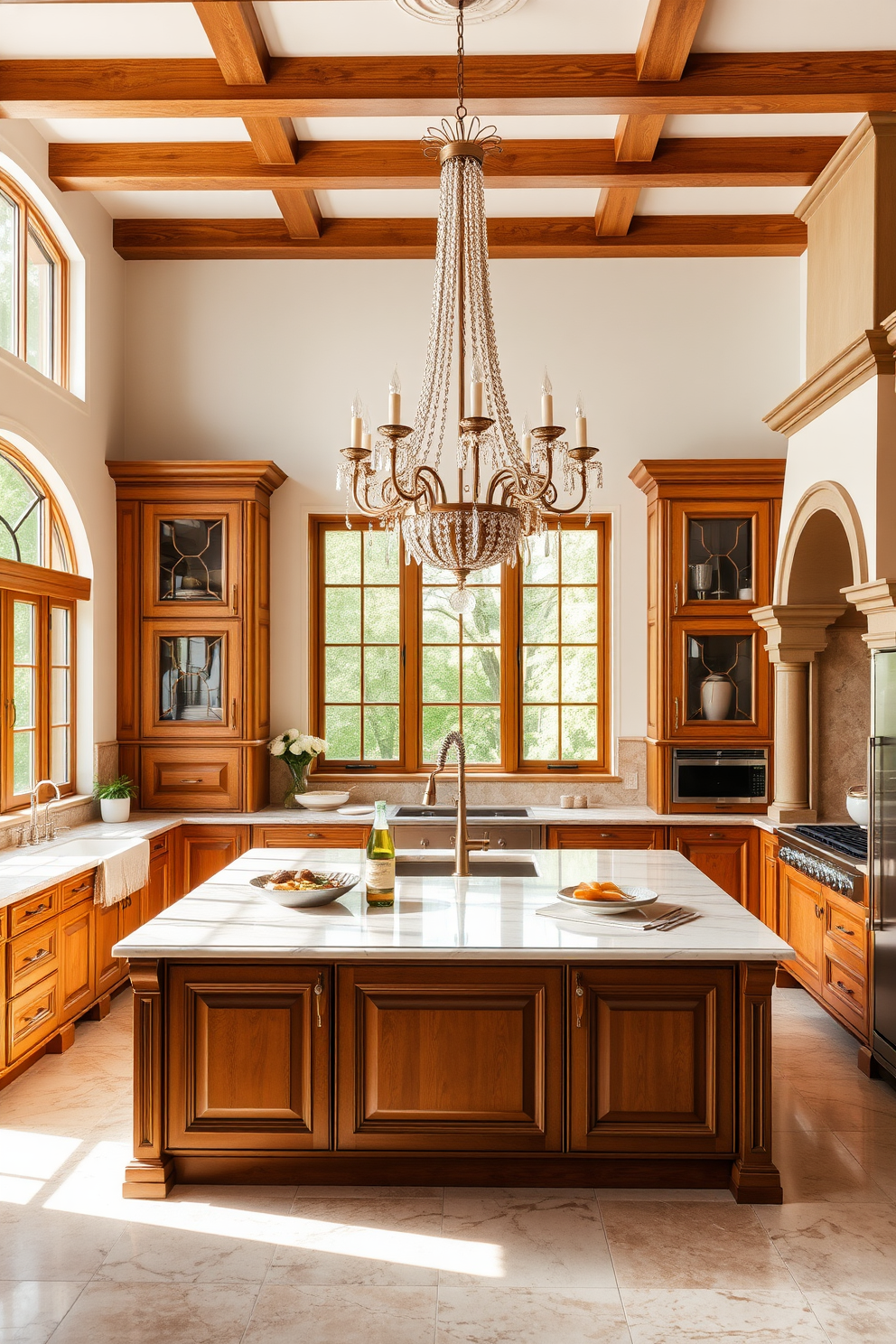 An elegant Italian kitchen design features a spacious layout with warm wooden cabinetry and a large island in the center. Above the island, a stunning chandelier hangs, providing a sophisticated touch and enhancing the overall ambiance of the space. The kitchen is adorned with marble countertops and a classic tile backsplash in soft earth tones. Large windows allow natural light to flood in, highlighting the intricate details of the design and creating an inviting atmosphere.