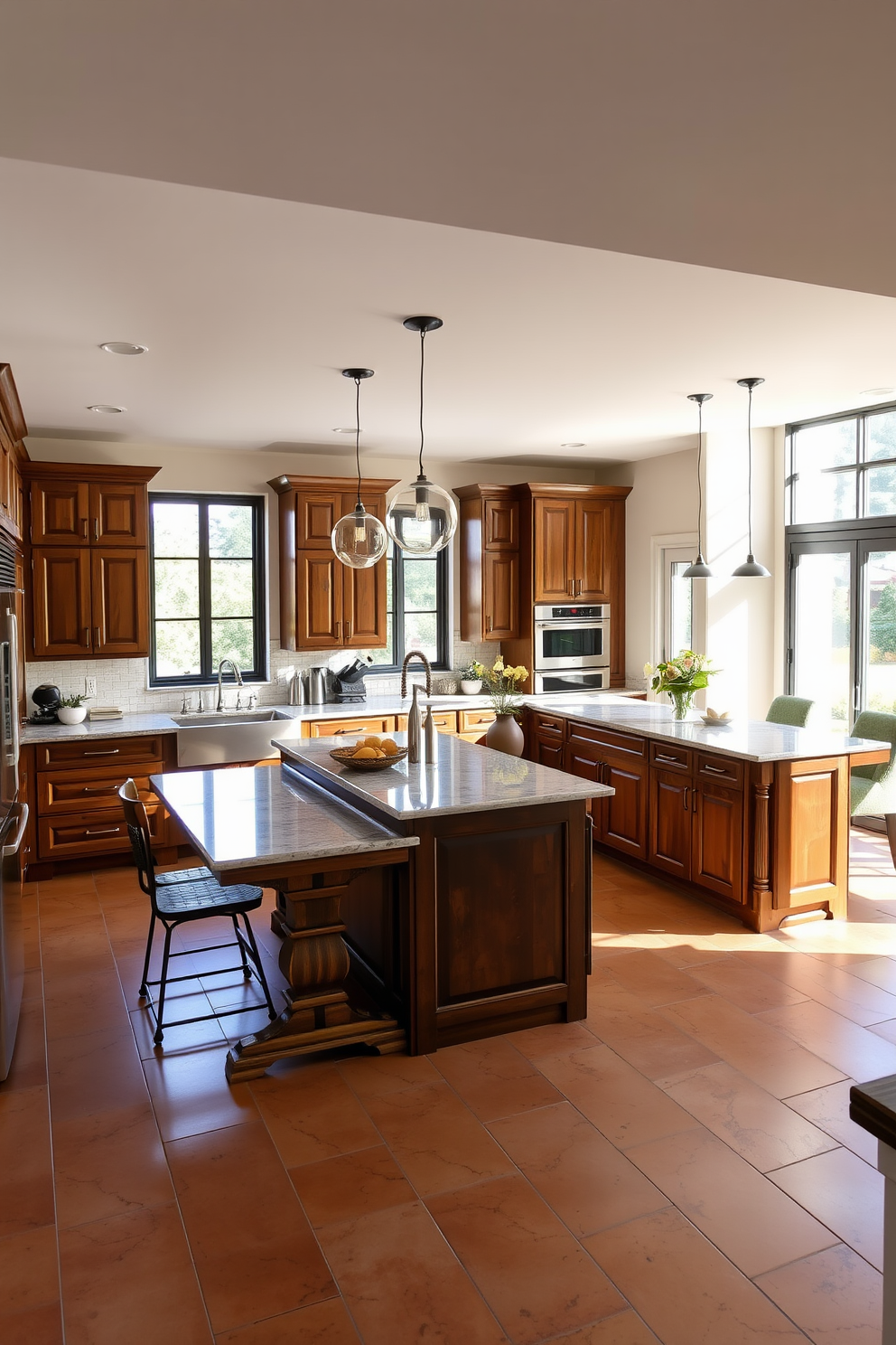 Open concept layout featuring a spacious Italian kitchen with an island in the center. The cabinetry is a rich wood finish, complemented by sleek marble countertops and high-end stainless steel appliances. Natural light floods the space through large windows, highlighting the warm tones of the tile flooring. Decorative elements include hanging pendant lights above the island and a rustic wooden dining table adjacent to the kitchen area.