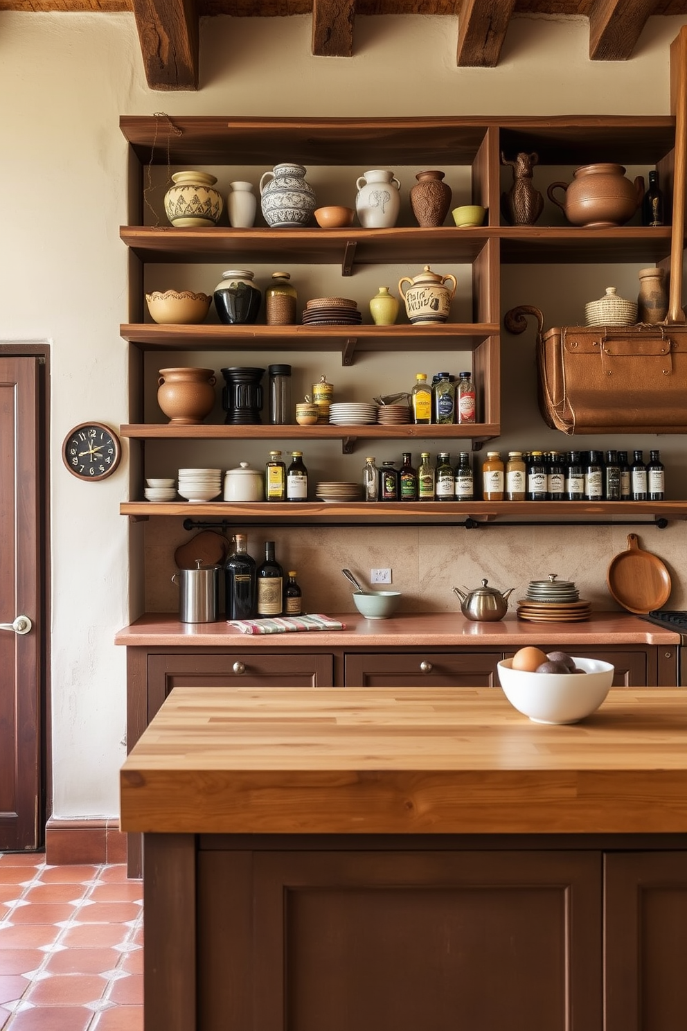 Open shelving creates a warm and inviting atmosphere in an Italian kitchen. The shelves are filled with rustic pottery, vibrant spices, and artisanal oils, enhancing the charm of the space. The kitchen features a large wooden island with a butcher block top, perfect for meal preparation. Earthy tones dominate the cabinetry, complemented by terracotta tiles that add character to the floor.