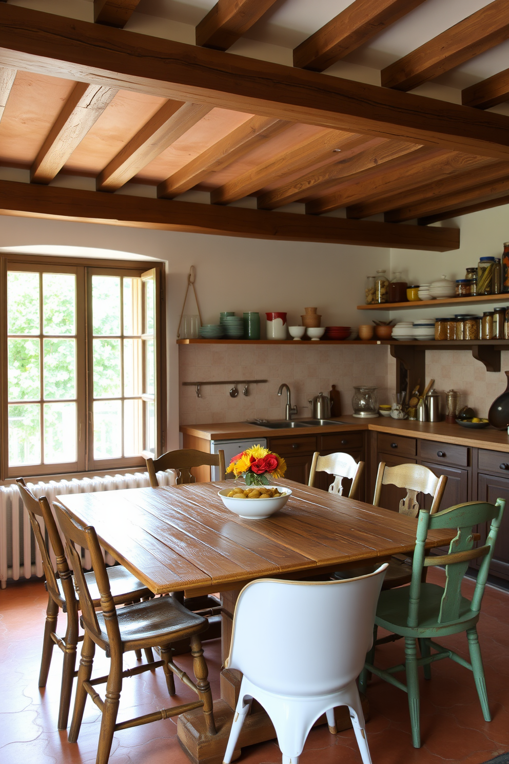 A rustic Italian kitchen featuring wrought iron accents. The space includes a large wooden dining table surrounded by wrought iron chairs, with a stunning chandelier overhead. The cabinets are painted in a warm cream color with wrought iron handles, complementing the terracotta tiled floor. Open shelving displays rustic pottery and fresh herbs, adding charm and functionality to the design.