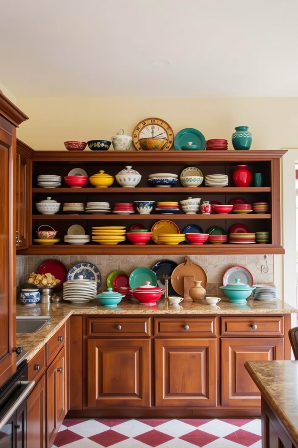 A warm and inviting Italian kitchen featuring colorful dishware displayed prominently on open shelves. The cabinetry is a rich wood finish, and the walls are painted in a soft cream, enhancing the vibrant hues of the dishware.