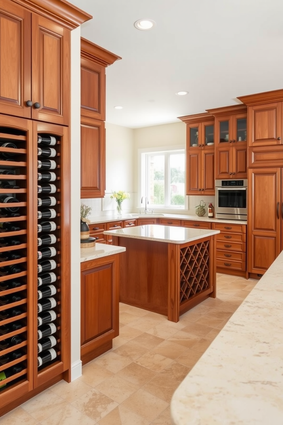 A spacious Italian kitchen featuring integrated wine racks seamlessly built into the cabinetry for easy access. The kitchen showcases a warm color palette with rich wooden cabinets and a large island topped with a polished stone surface.