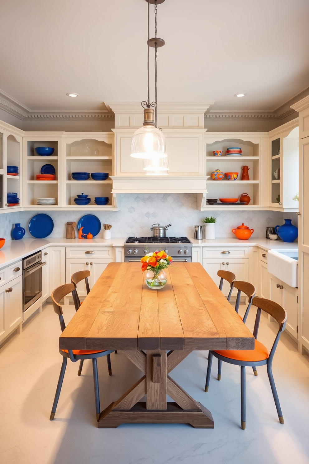 A spacious Italian kitchen featuring a neutral color palette accented by vibrant pops of color. The cabinetry is a soft cream with bold blue and orange accessories, including dishware and decorative items on open shelves. The countertops are a sleek white marble, complemented by a rustic wooden dining table at the center. Pendant lights with a warm glow hang above the table, creating an inviting atmosphere for family gatherings.