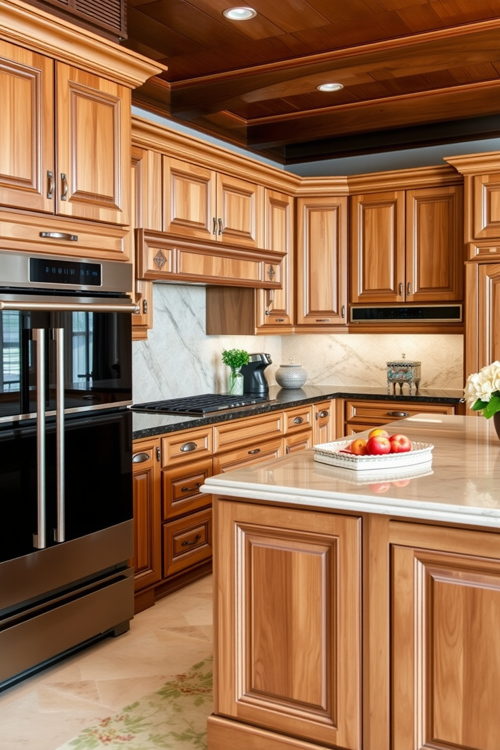 Custom cabinetry for a tailored look. The kitchen features elegant wood finishes and intricate detailing that complement the overall design. Italian kitchen design ideas emphasize functionality and style. The layout includes a spacious island with bar seating and high-end appliances seamlessly integrated into the cabinetry.