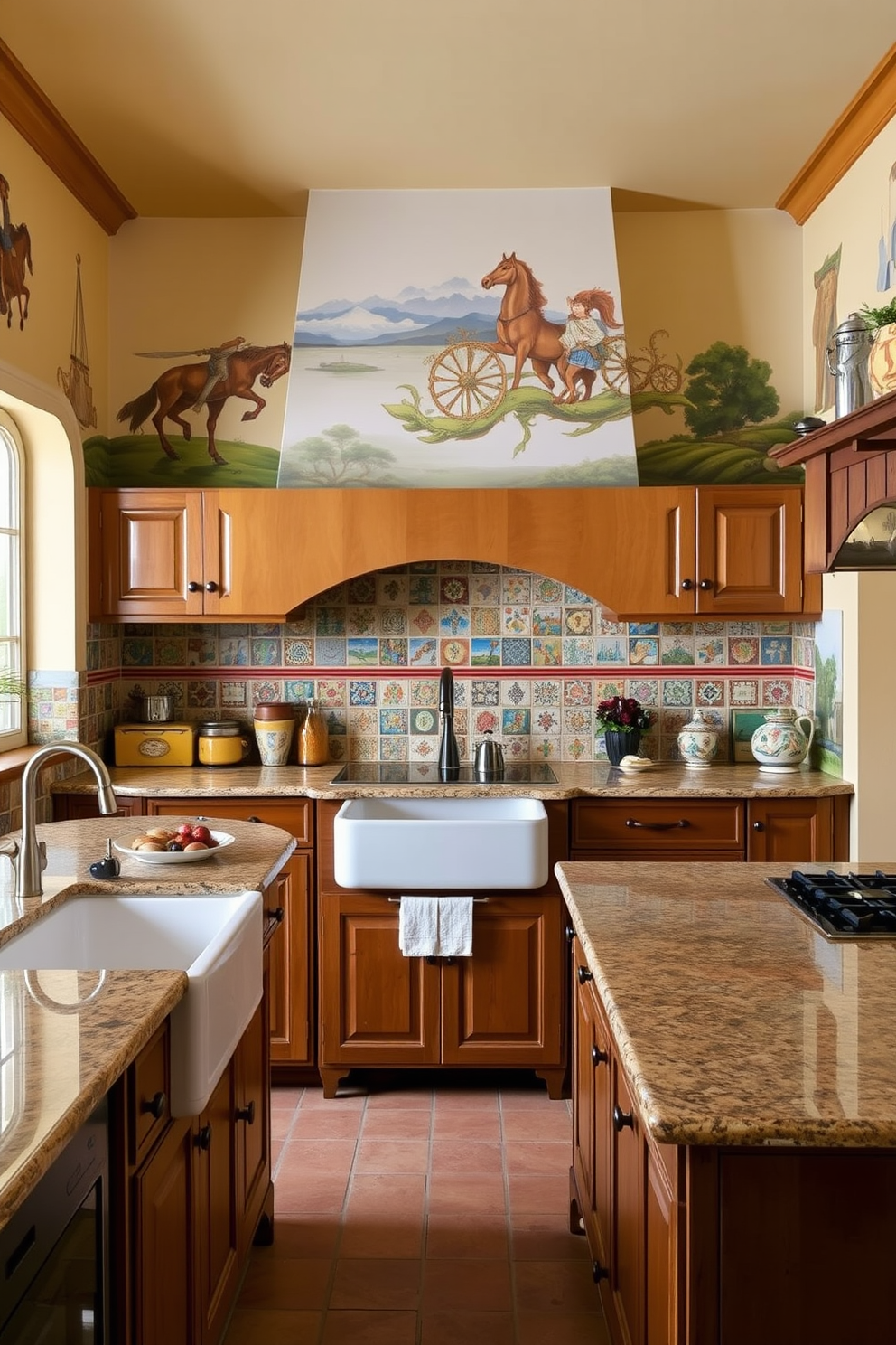 Artistic murals adorn the walls of a vibrant Italian kitchen, adding character and charm to the space. The kitchen features rustic wooden cabinets, a large farmhouse sink, and a central island topped with polished granite. The color palette includes warm earth tones complemented by splashes of bright colors from the murals. Vintage ceramic tiles line the backsplash, creating a cohesive and inviting atmosphere.