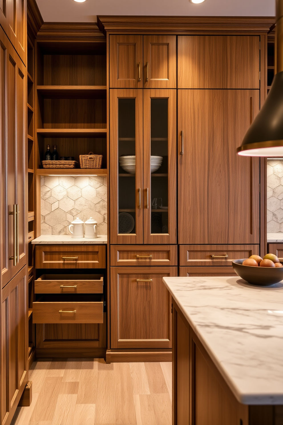 A functional pantry designed for organized storage features custom shelving and pull-out drawers that maximize space efficiency. The cabinetry is crafted in a warm wood finish, complemented by elegant brass hardware for a touch of sophistication. The Italian kitchen design incorporates a spacious island with a marble countertop, perfect for meal prep and casual dining. Rich, earthy tones in the cabinetry and backsplash create a cozy yet stylish atmosphere, enhanced by soft ambient lighting.