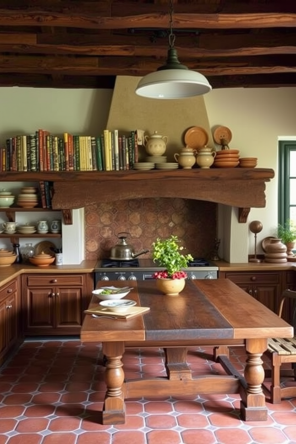 A warm and inviting Italian kitchen featuring classic cookbooks displayed prominently on a rustic wooden shelf. The kitchen is adorned with terracotta tiles, handmade ceramic dishes, and a large farmhouse table at the center, creating a cozy atmosphere perfect for family gatherings.