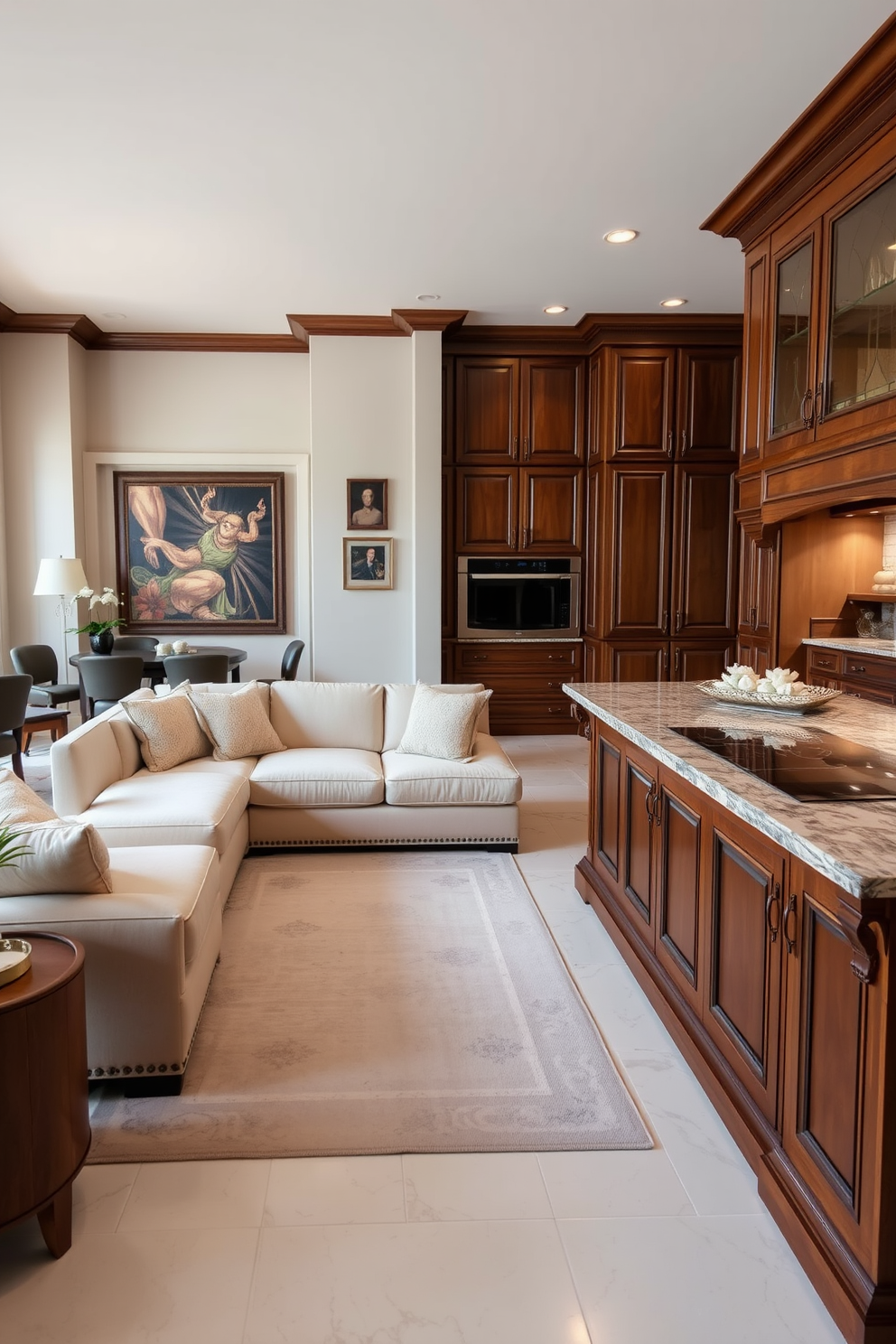 Cozy seating area for relaxation. A plush sectional sofa in soft beige is centered in the room, complemented by a large area rug with subtle patterns. Italian kitchen design ideas. The kitchen features elegant cabinetry in rich wood tones, with a large island topped with polished granite, perfect for cooking and entertaining.