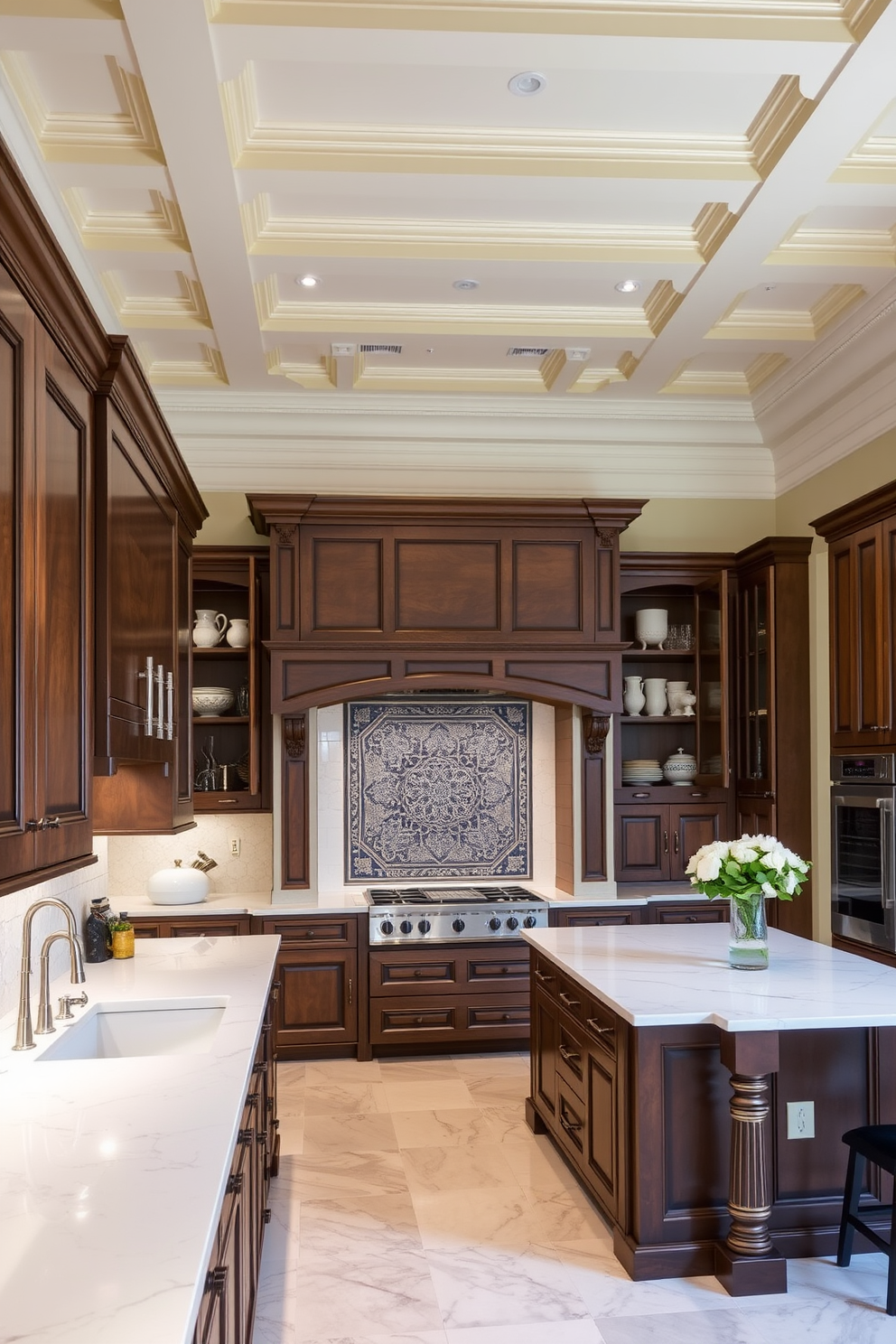 High ceilings with decorative moldings create an elegant atmosphere in the kitchen. The space features rich wooden cabinetry paired with a large central island topped with white marble. The backsplash is adorned with intricate tile work that reflects traditional Italian design. Soft ambient lighting highlights the beauty of the space, and open shelving displays curated dishware and decorative accents.