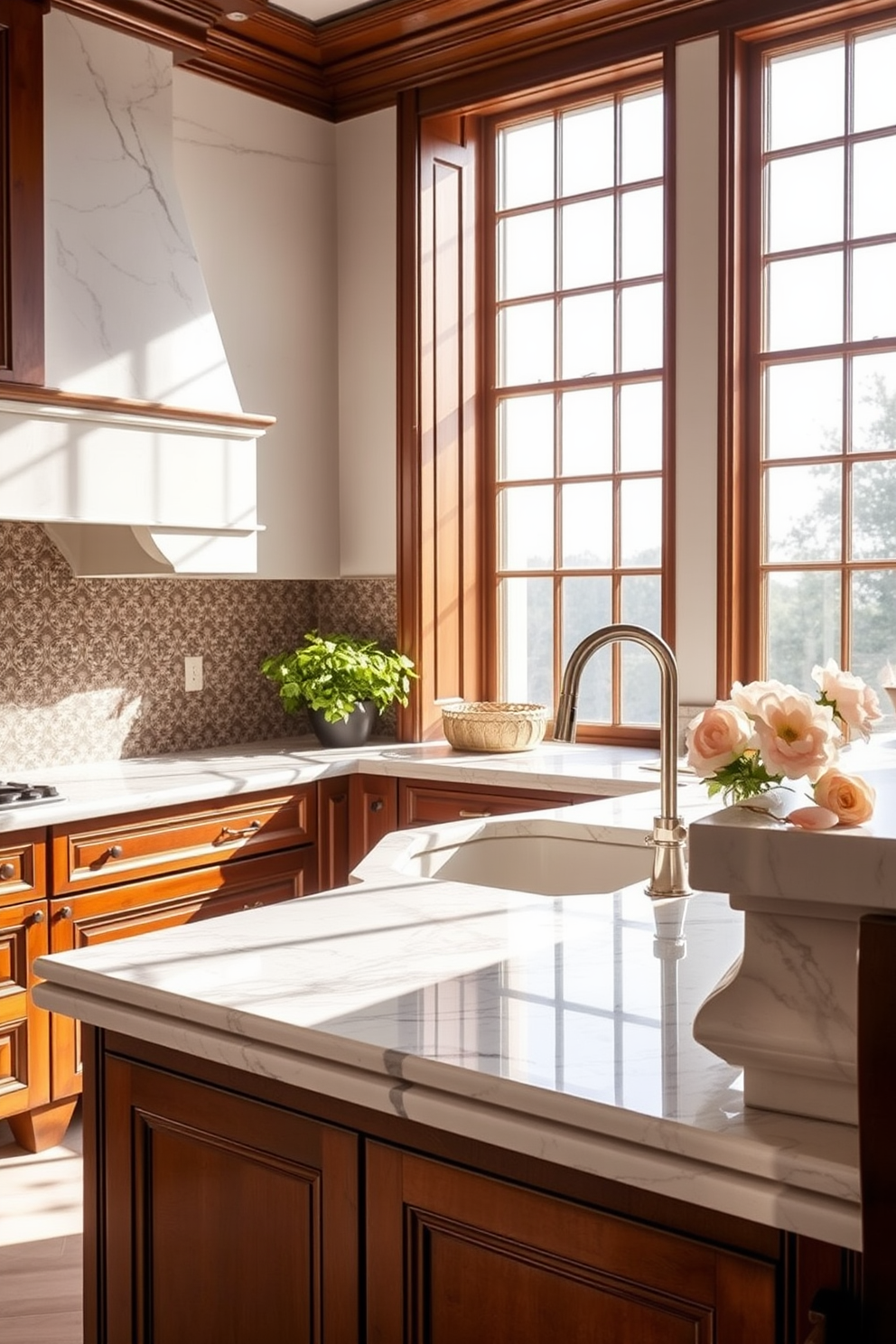 A stunning Italian kitchen featuring marble countertops that add an elegant touch to the space. The cabinetry is a rich wood finish, complementing the luxurious feel of the kitchen. The backsplash is adorned with intricate tile work, creating a beautiful contrast with the smooth marble. Natural light floods in through large windows, enhancing the warm tones of the kitchen design.