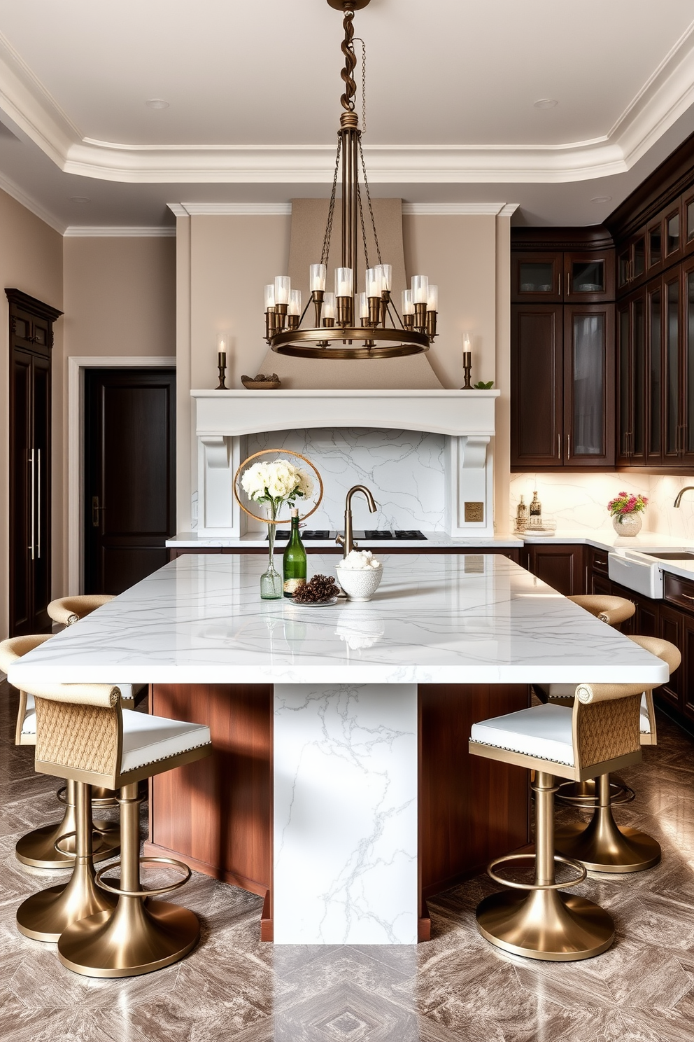 A stunning Italian kitchen featuring unique light fixtures that serve as artistic focal points. The space includes a large island with a polished stone countertop, surrounded by elegant bar stools and accented by pendant lights in a modern design. The cabinetry is crafted from rich wood, complemented by intricate tile backsplashes that showcase traditional Italian patterns. Large windows allow natural light to flood the room, enhancing the warm tones and inviting atmosphere of the kitchen.