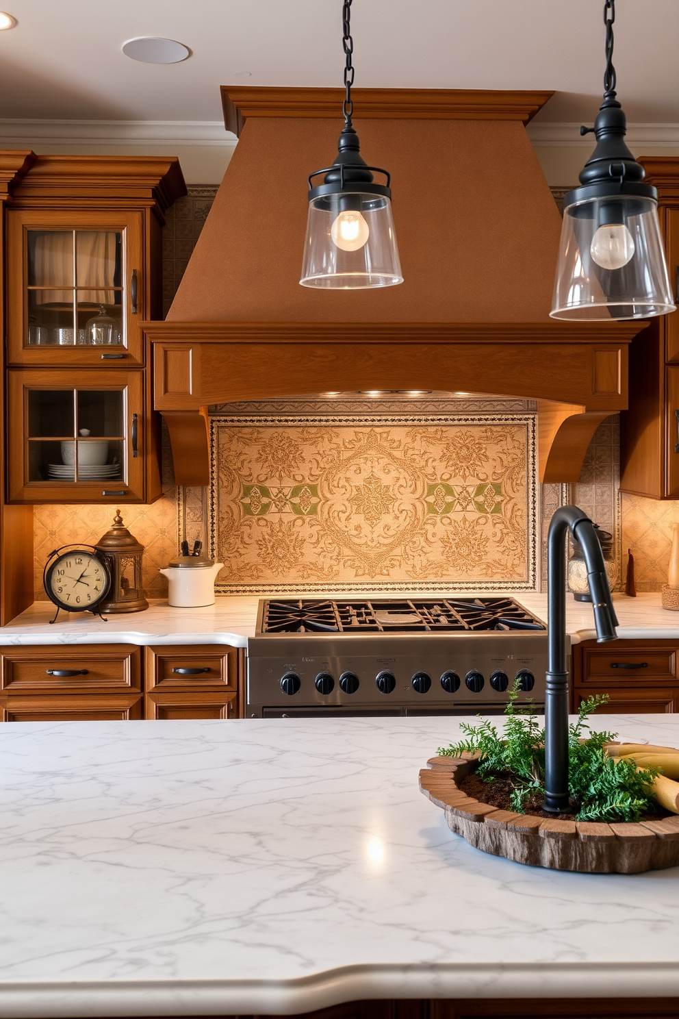 Classic tile backsplash featuring intricate patterns adds a timeless elegance to the Italian kitchen. The space is adorned with warm wooden cabinetry and a spacious marble countertop, complemented by rustic decor elements.