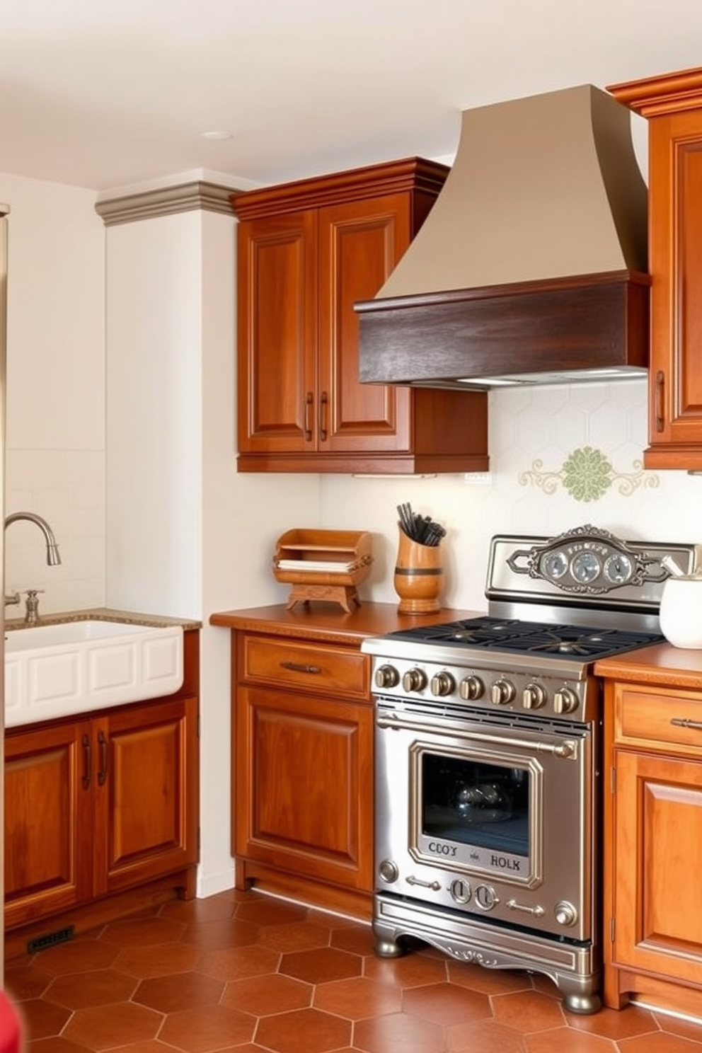 A charming Italian kitchen featuring modern appliances seamlessly integrated into vintage cabinetry. The space showcases a large farmhouse sink, sleek stainless steel refrigerator, and a classic stove with ornate detailing, all surrounded by warm wooden accents and terracotta tiles.