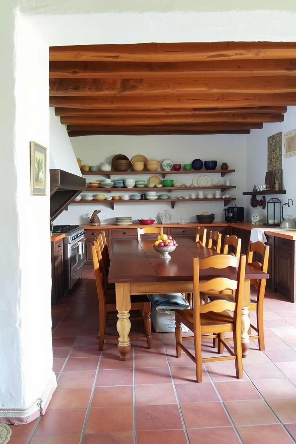 A charming Italian kitchen with exposed wooden beams creating a warm and inviting atmosphere. The space features a large farmhouse table surrounded by rustic wooden chairs, complemented by a vintage-style stove and open shelving displaying colorful dishware.