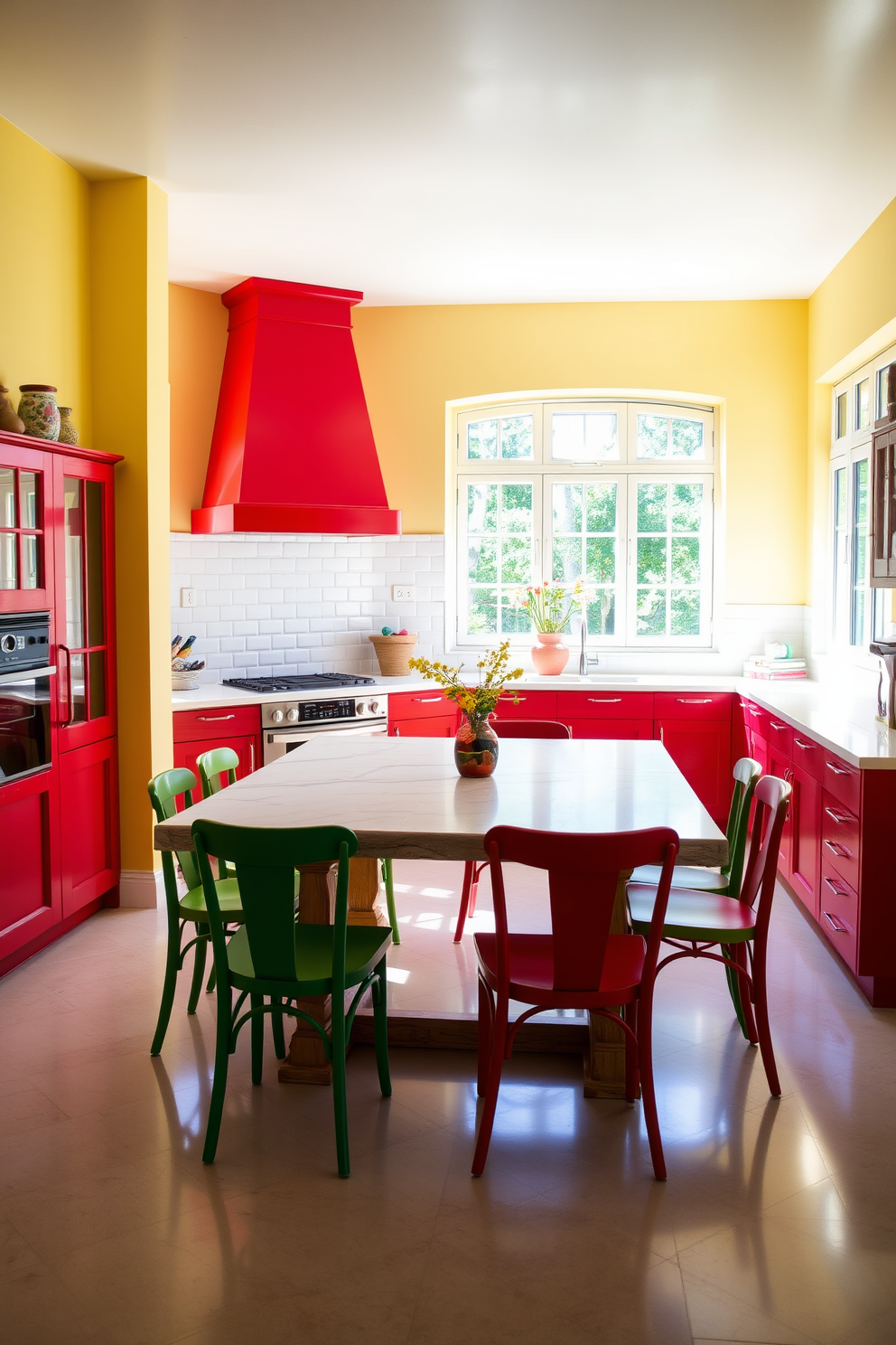 A bright and airy Italian kitchen filled with natural light. The walls are painted in a soft yellow hue, complemented by vibrant red accents in the cabinetry and decor. Large windows allow sunlight to flood the space, illuminating the sleek white marble countertops. A rustic wooden dining table sits in the center, surrounded by colorful chairs that add a playful touch.