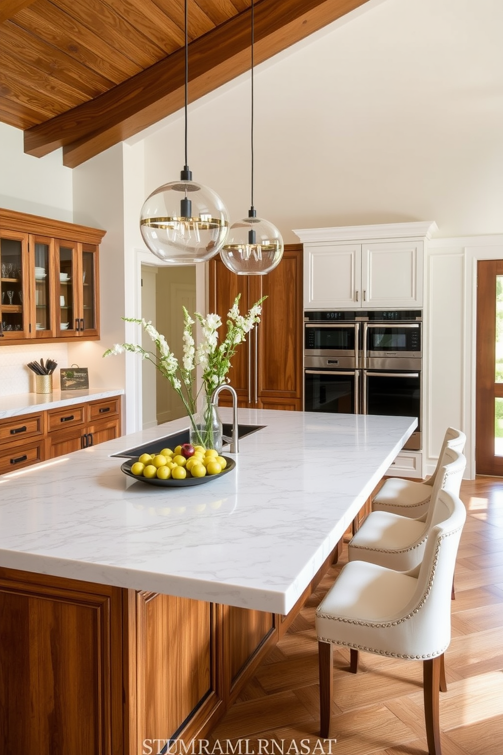 A large kitchen island serves as the centerpiece for family gatherings, featuring ample seating and a beautiful quartz countertop. The cabinetry is a mix of rich wood tones and sleek white finishes, creating a warm yet modern Italian kitchen atmosphere.