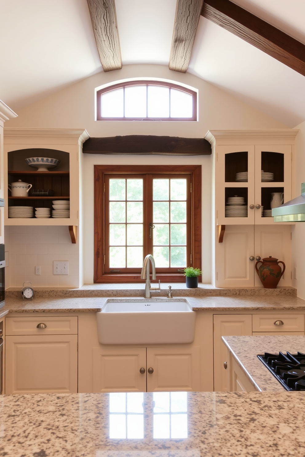 A charming herb garden window filled with vibrant green plants sits above the sink, allowing natural light to pour in and nourish the herbs. The Italian kitchen features rustic wooden cabinets, a spacious island with a marble top, and traditional terracotta tiles that add warmth and character.